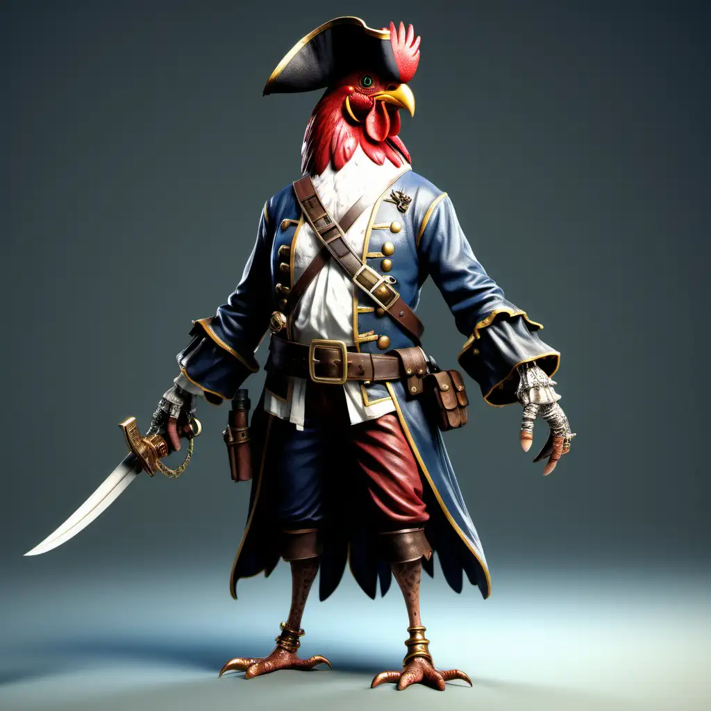 реалистичный петух-пират с птичьим телом в пиратском одеянии сабля в крыле  с птичьими лапами   в  полный рост