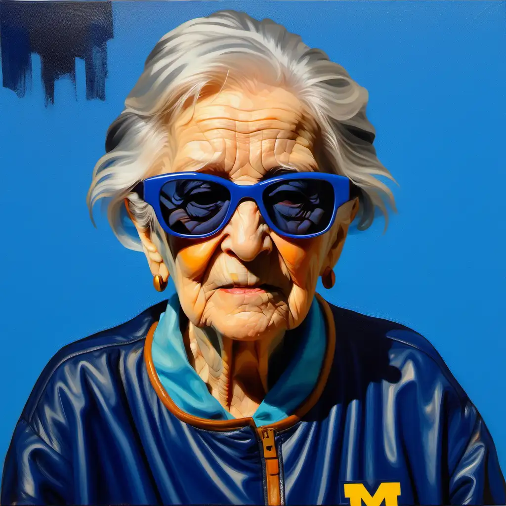 Very Abstract and Bold Oil Portrait  of Old woman in sunglasses University of Michigan Block M on Pocket and blue maize color palate 