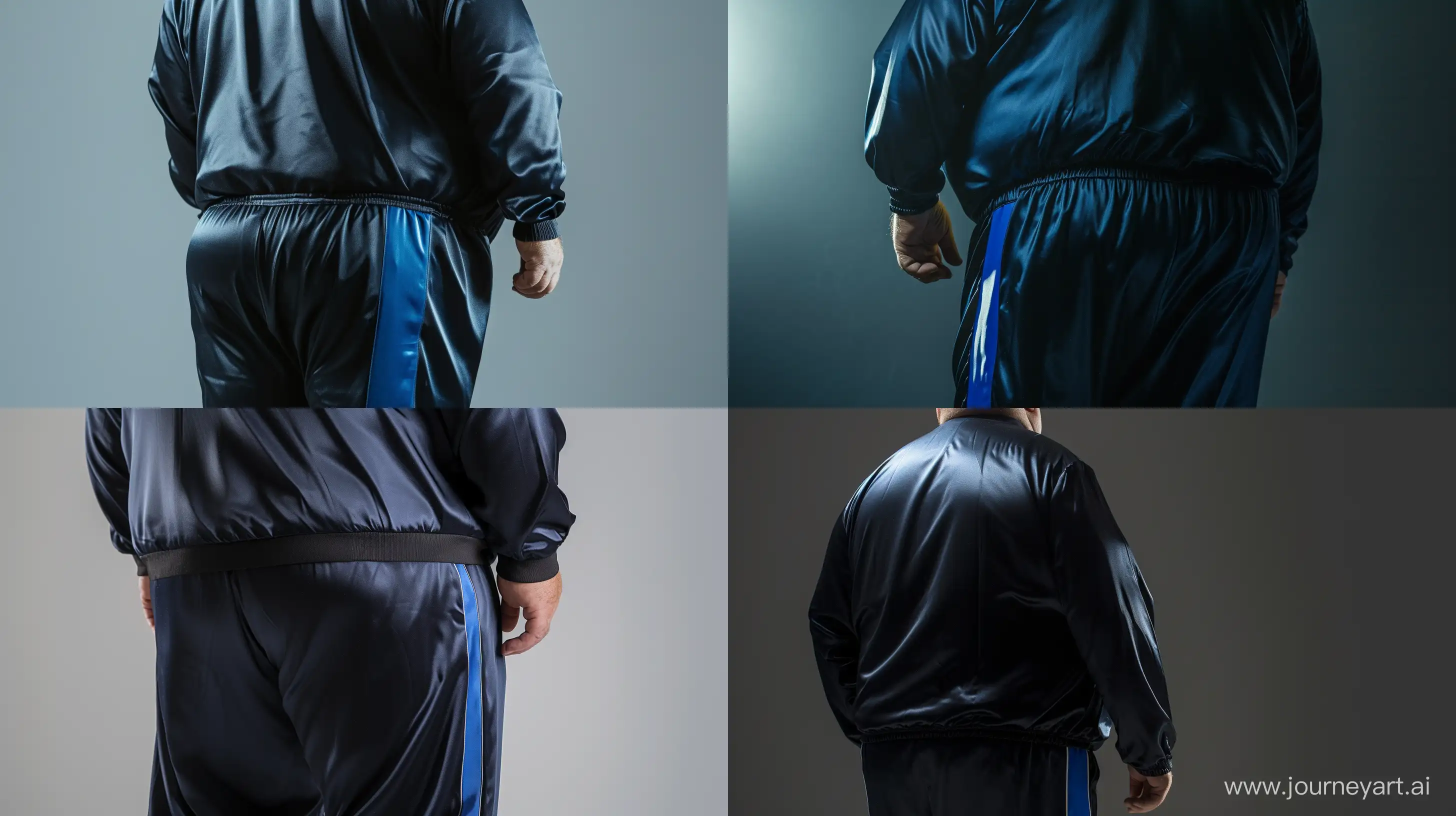 Back view close-up photo of a fat man aged 60 wearing silk navy tracksuit with royal blue stripe on the leg. Studio light --style raw --ar 16:9