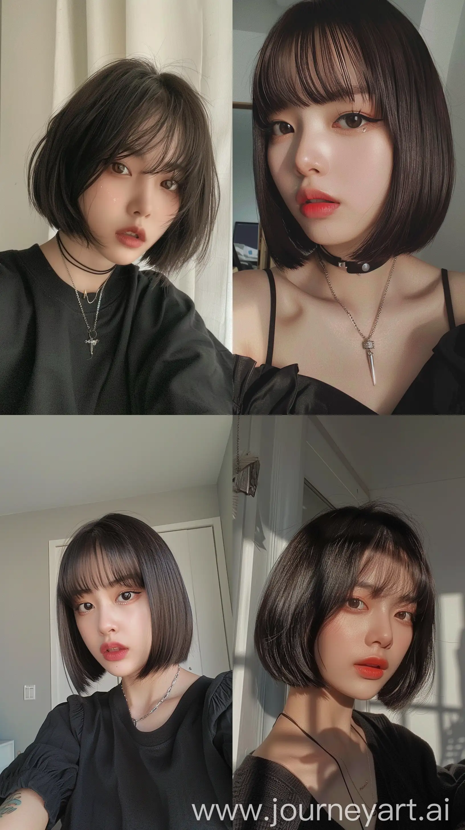 a aestethic selfie korean cute girl, face feature like blackpink's jennie, bob hair with bangs, aestethic make up, hotly aestethic --ar 9:16