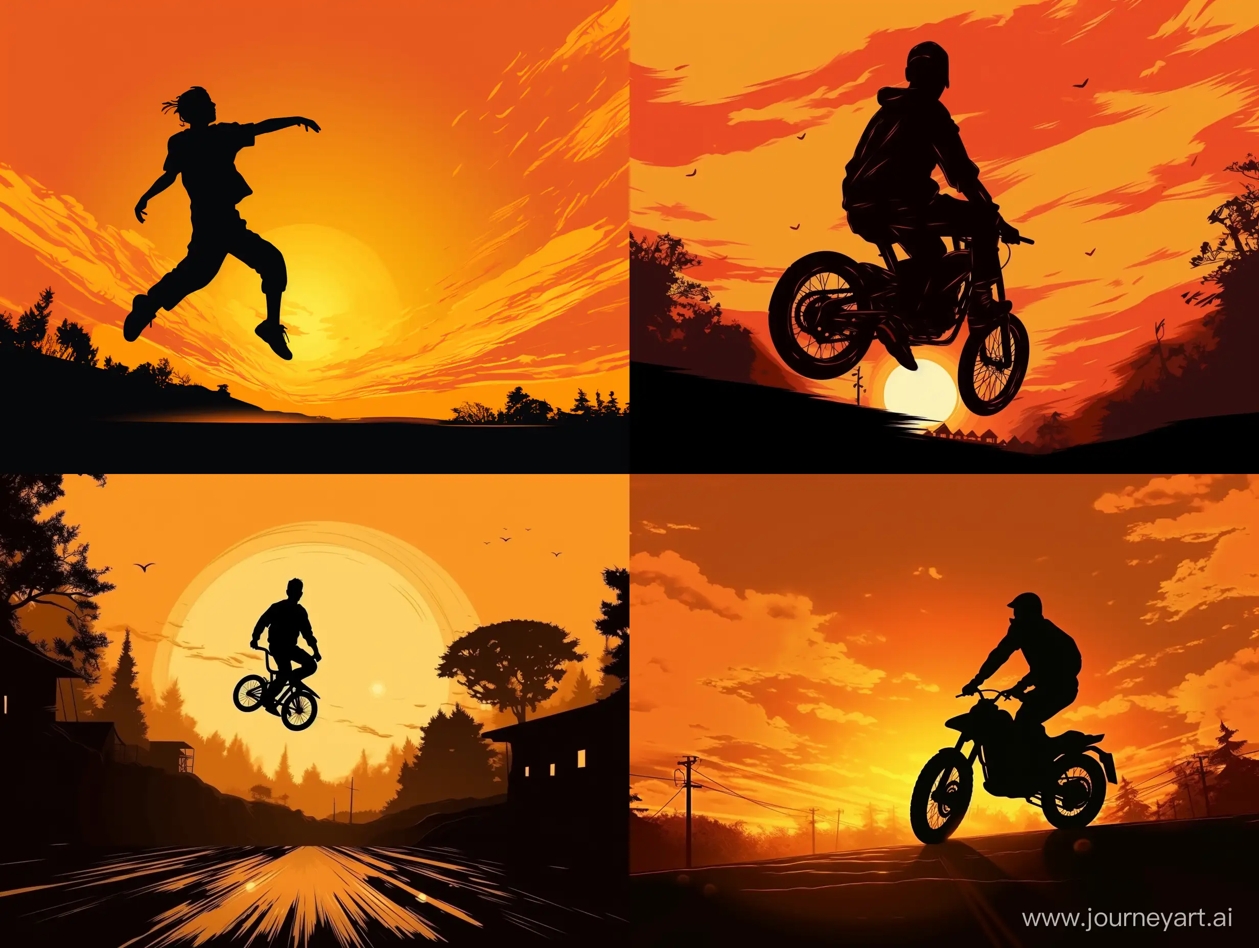 The silhouette of an athlete, a jump, a scooter, a golden sunset sky