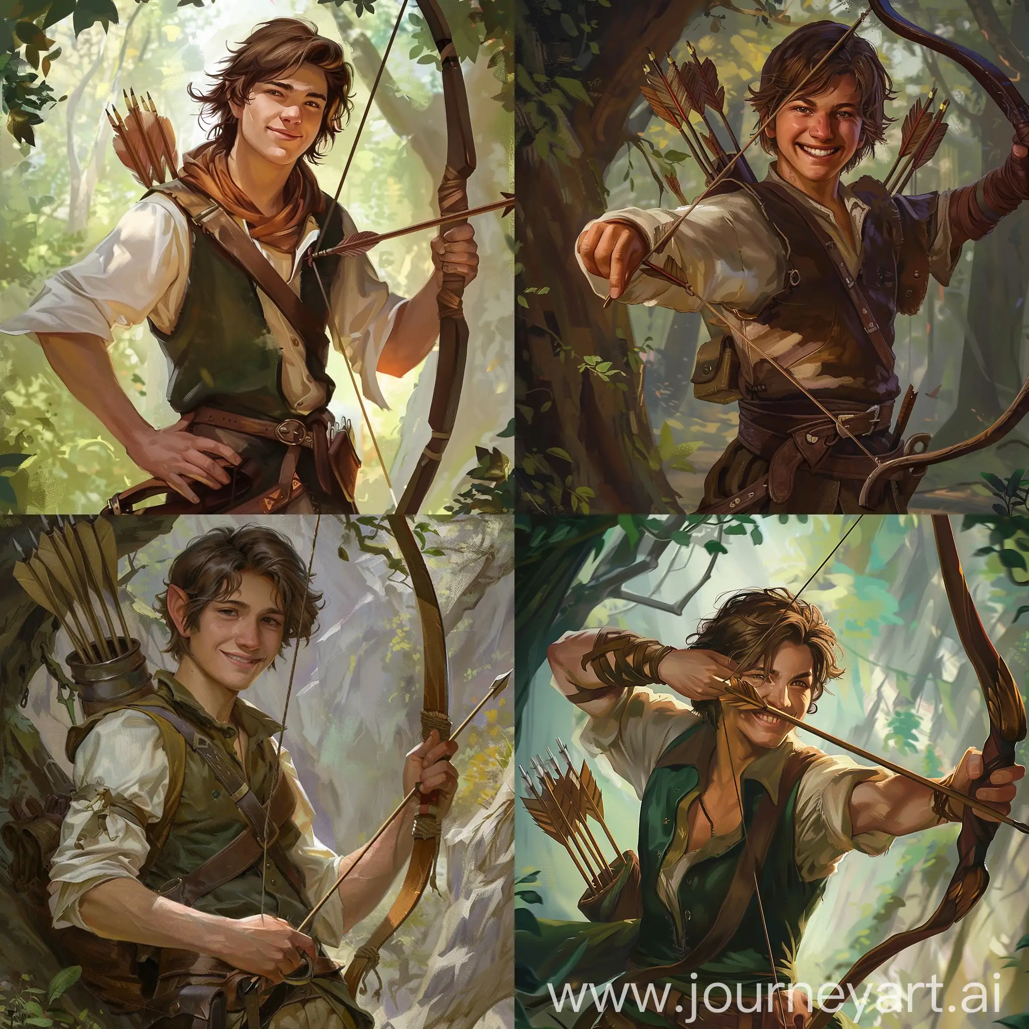 Fantasy huntsman, young male, brown hair, happy, longbow, quiver, modest clothing, humble
