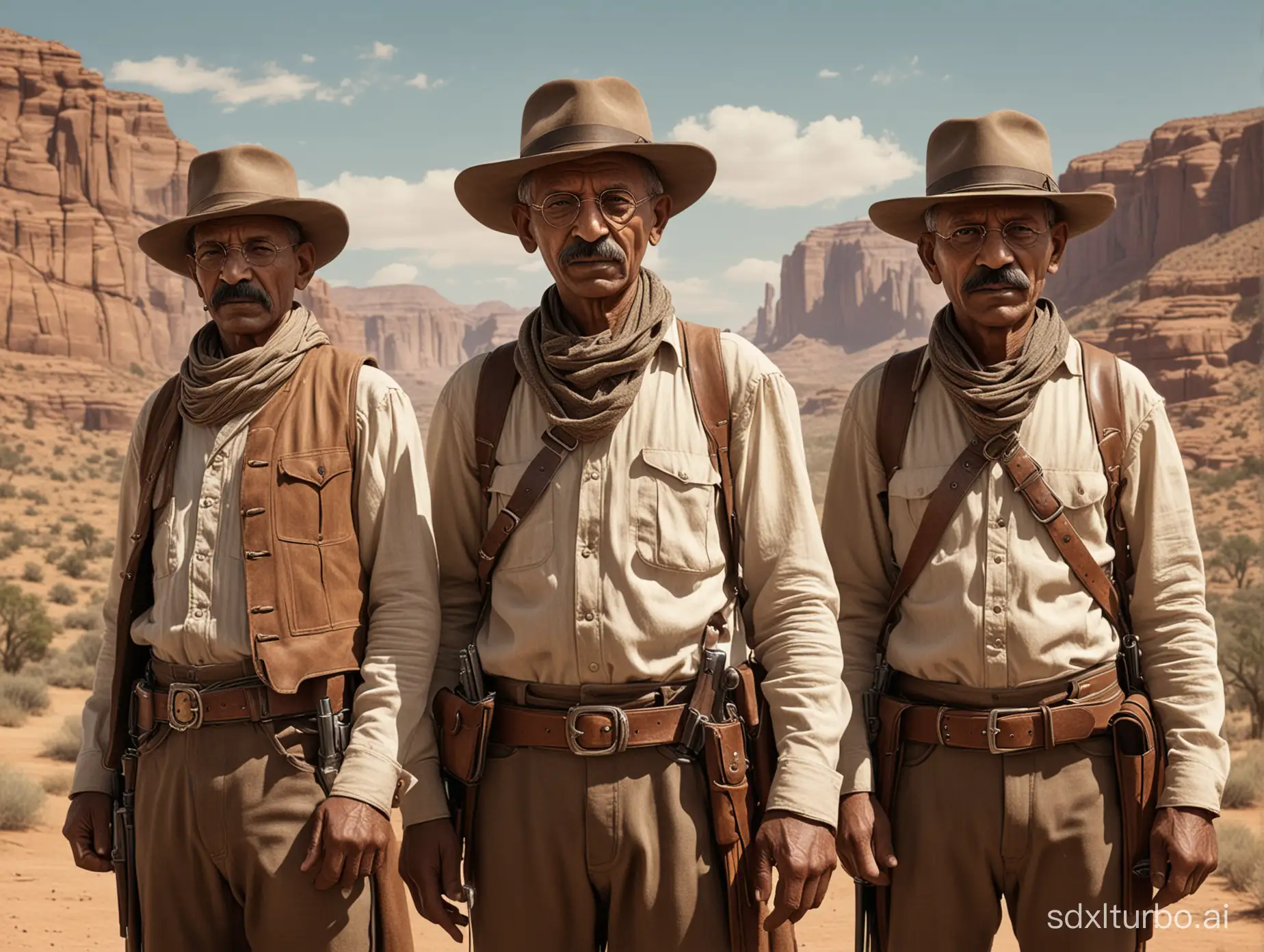 An extremely photo realistic cowboy western  image of Mahatma Ghandi dressed as a very slim  gun slingers ready to engage in a Hollywood style gunfight duel.