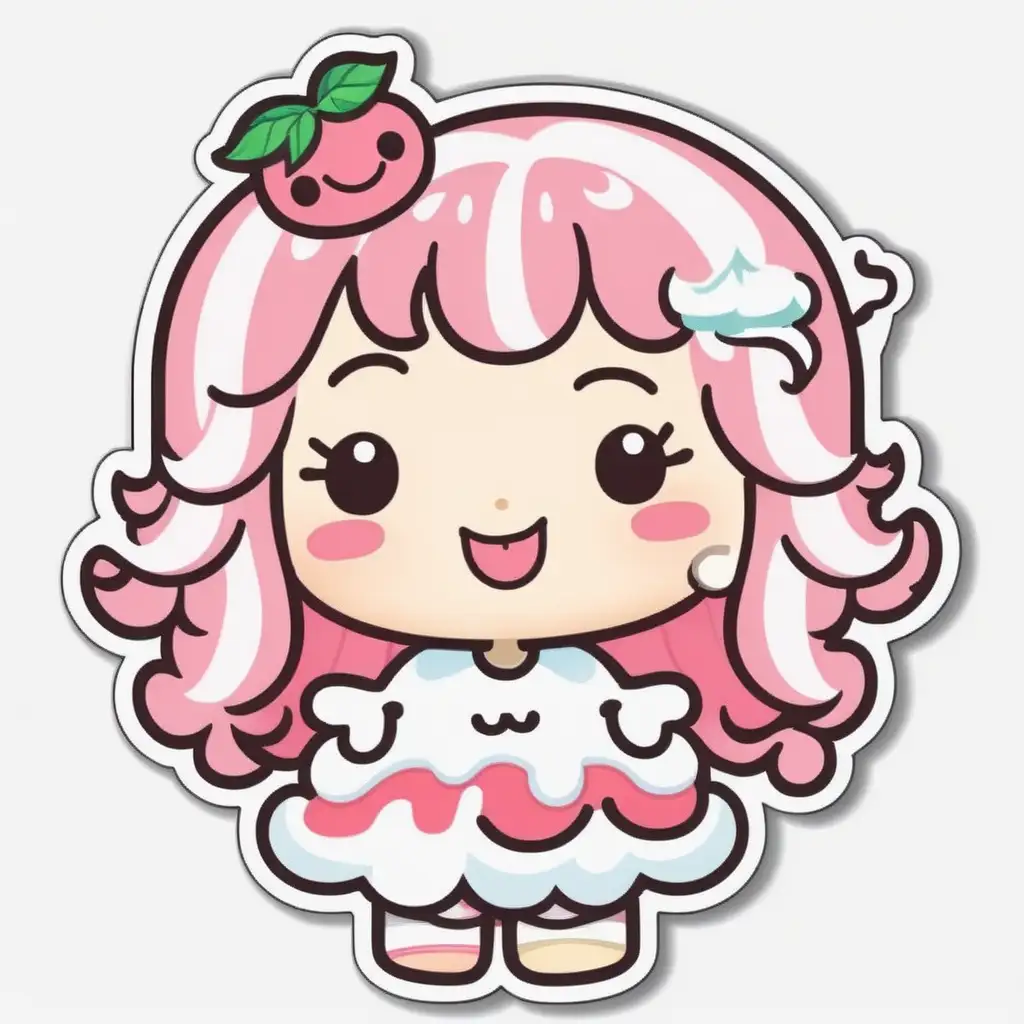 Sticker, Laughing KAWAII waterlemon shortcake with Whipped Cream Hair, food illustration, mixed 
styles, contour, vector, white background