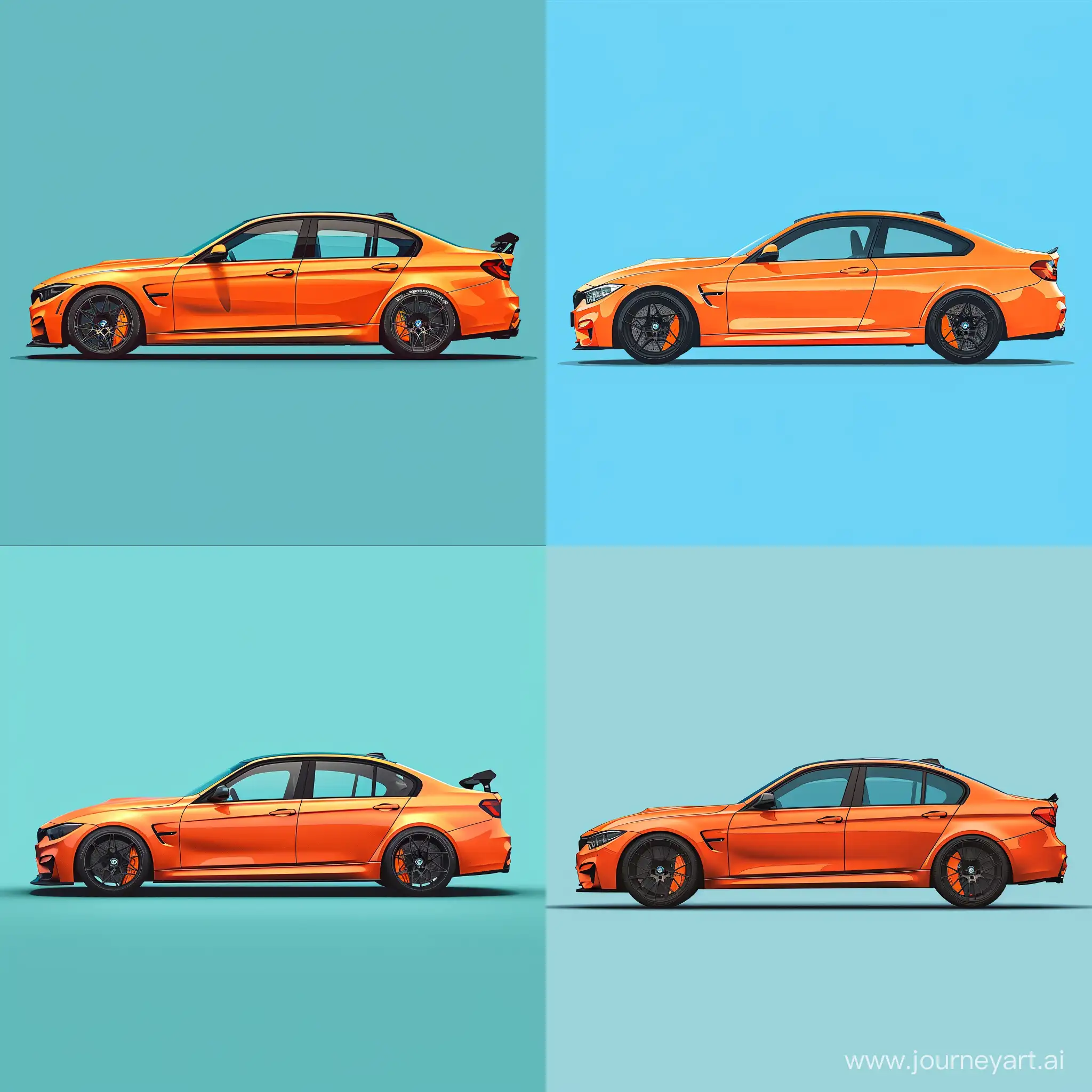 Minimalist 2D Side View Illustration, BMW M3, Simple Blue Background, Details Car Orange, Affinity Designer Software, High Precision