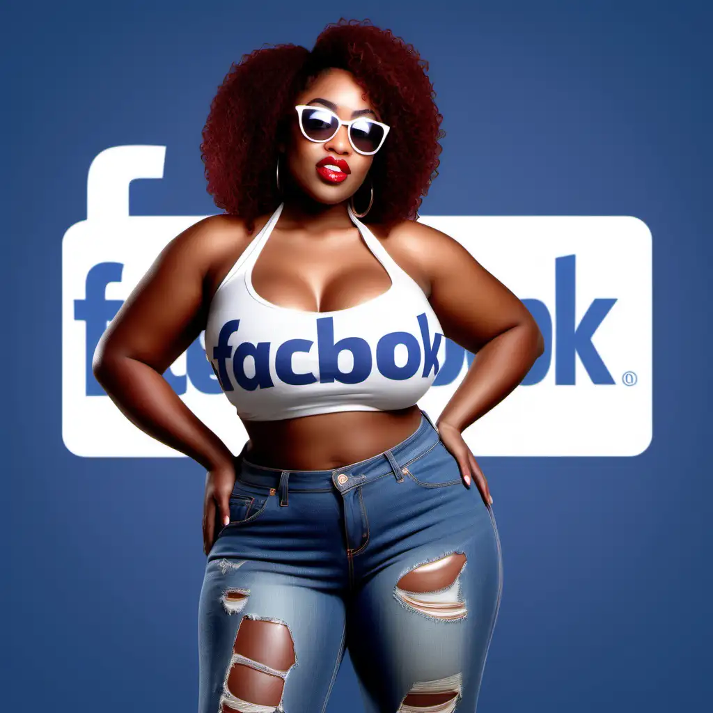Create a 3D illustration featuring a realistic image of (Beatufl's Tall, curvy, skin tone brown, with chinky eyes, big lips, and breast female, of African American descent) in front of a Facebook social media logo. (Wearing blue ripped jeans and red white halter top,  standing holding a pair of white shades in her left hand, like sitting on OR standing by) a large sign with text "Facebook" The background of the image should showcase a social media profile page with ( Ashley) and a matching profile picture.
