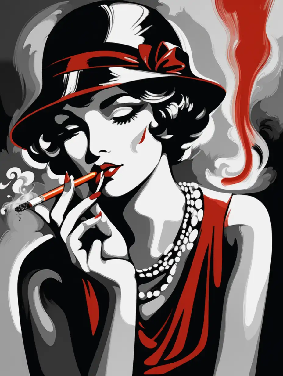 abstract, artistic painting of a pationate smoking Lady with a cigarette holder in style of 1920's. Use broad strokes of oil paint. black, red and grayscale colors 