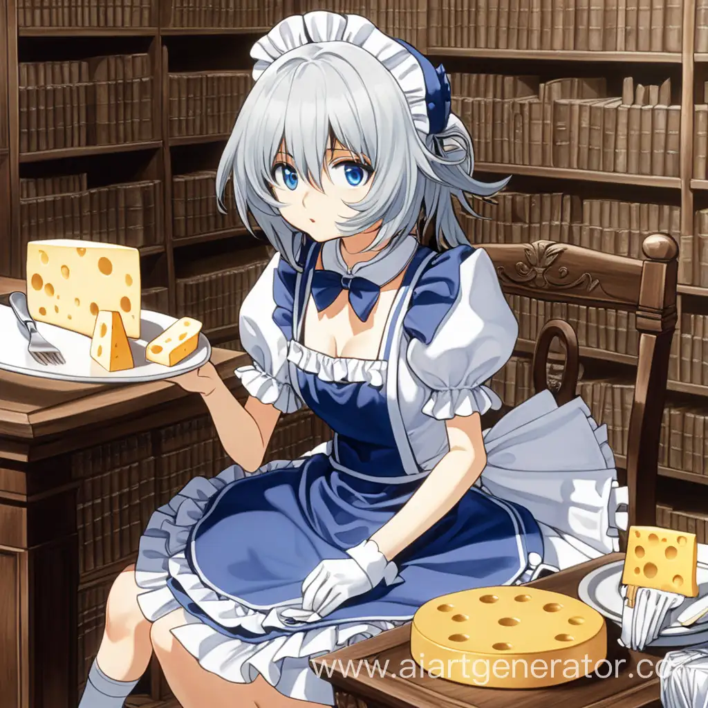 Сакуя Идзаёй из Touhou Project ест сыр, у неё синие глаза, она в костюме горничной, она сидит в библиотеке