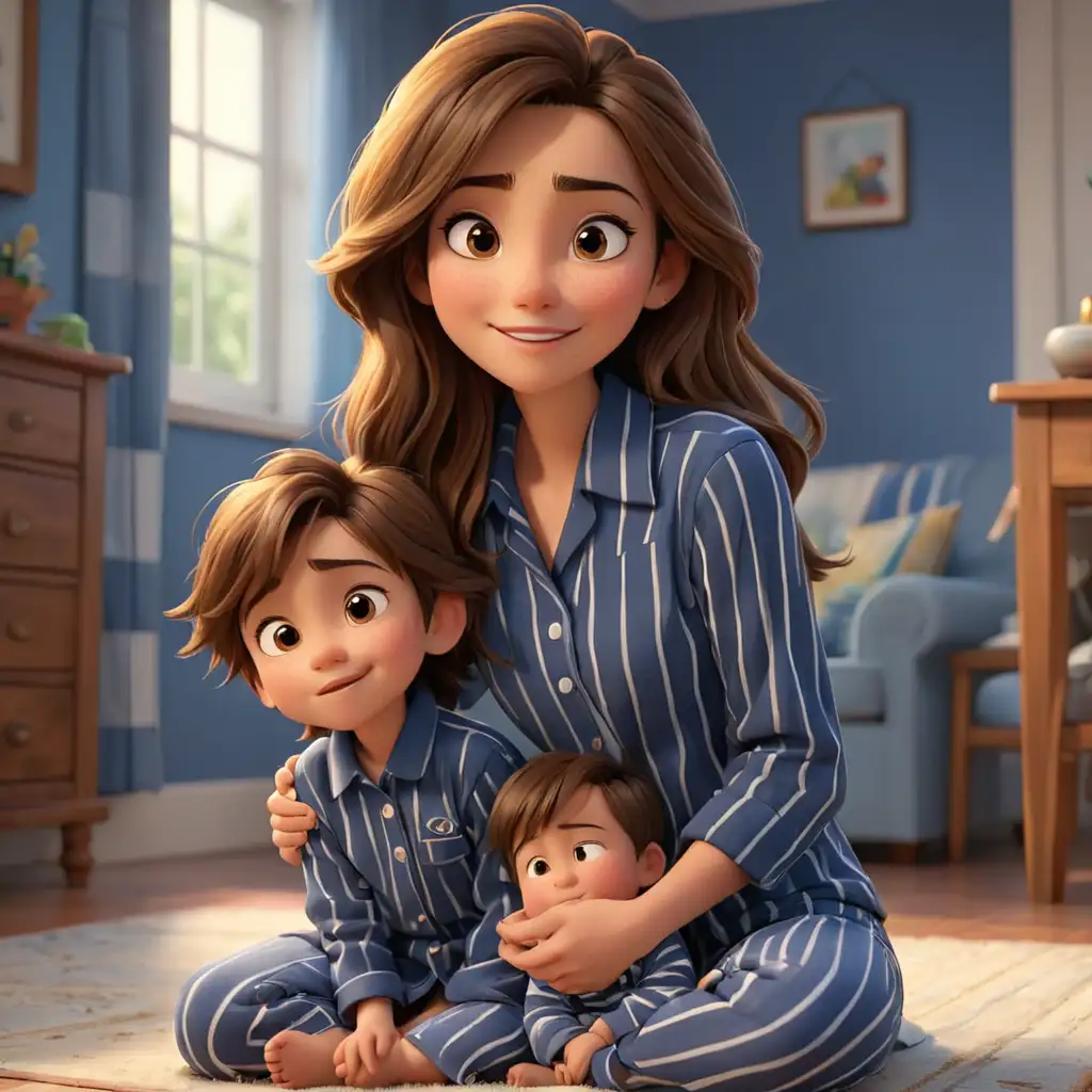 Disney pixar theme, 3d animation, beautiful mom, long straight brown hair and brown eyes, son with neat brown hair and brown eyes, happily sitting on the floor giving eskimo kiss, wearing navy blue stripe pajamas
