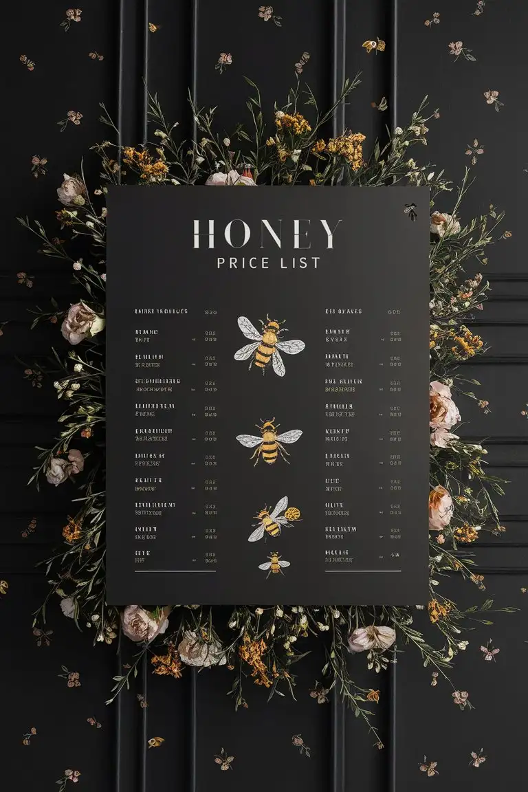Price list for a honey business. it should have floral as the background or matte black and florals.