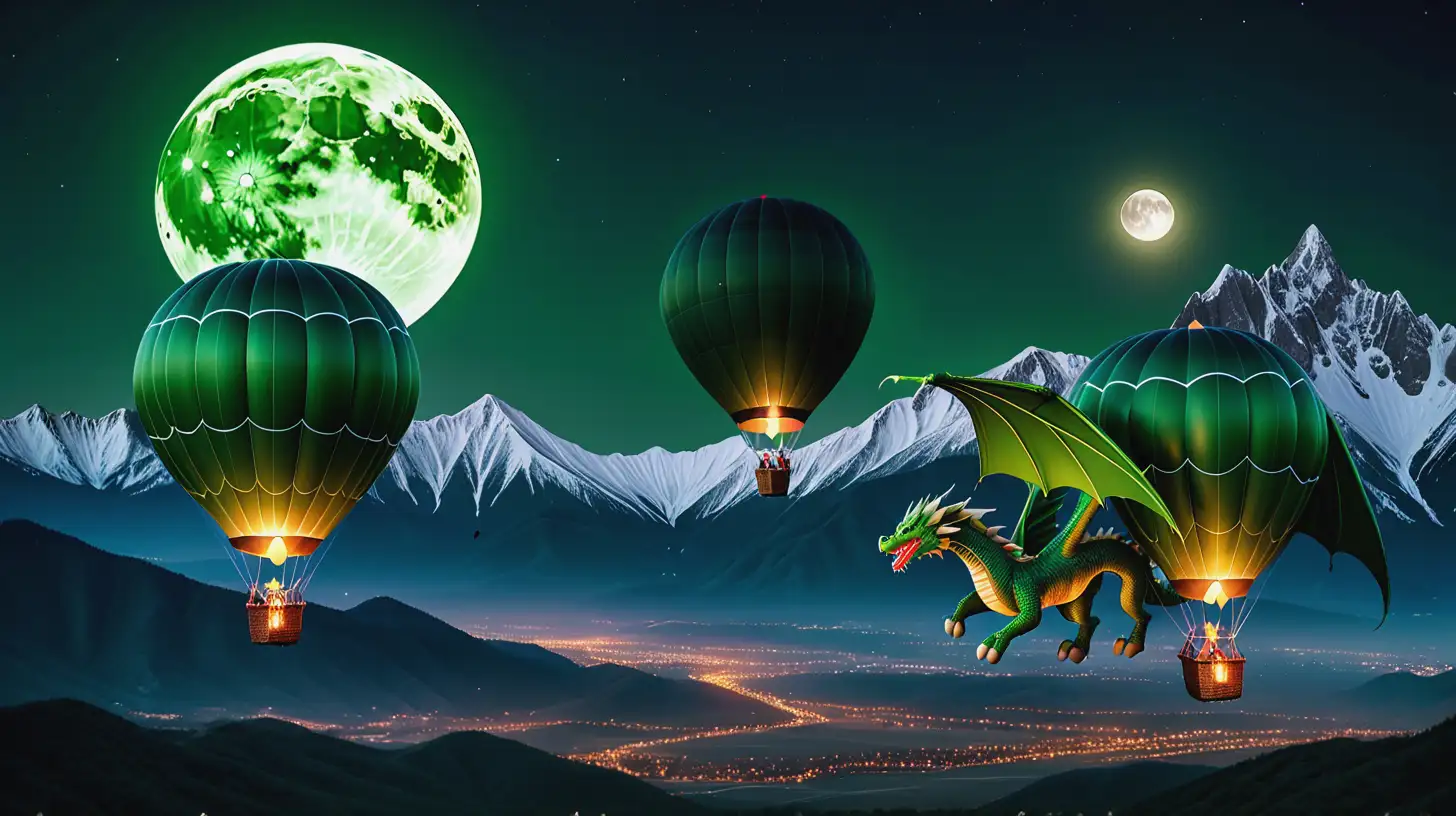 Green dragon hotair balloons with mountains in the background at night with a giant full moon 