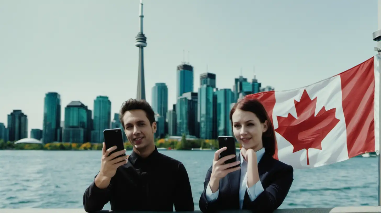 show two people using their mobile phones facing the camera 

with the Toronto skyline and Canadian flag behind them in the background