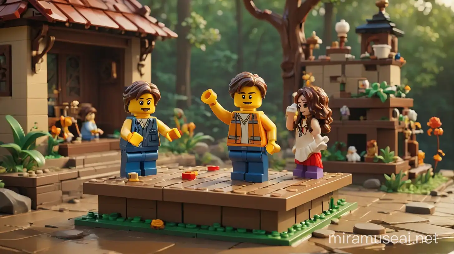 I want you to show me a musical stage. The actors and actresses are made from Lego. Two lego characters are dancing.  Two lego chracters are sitting on the bank.