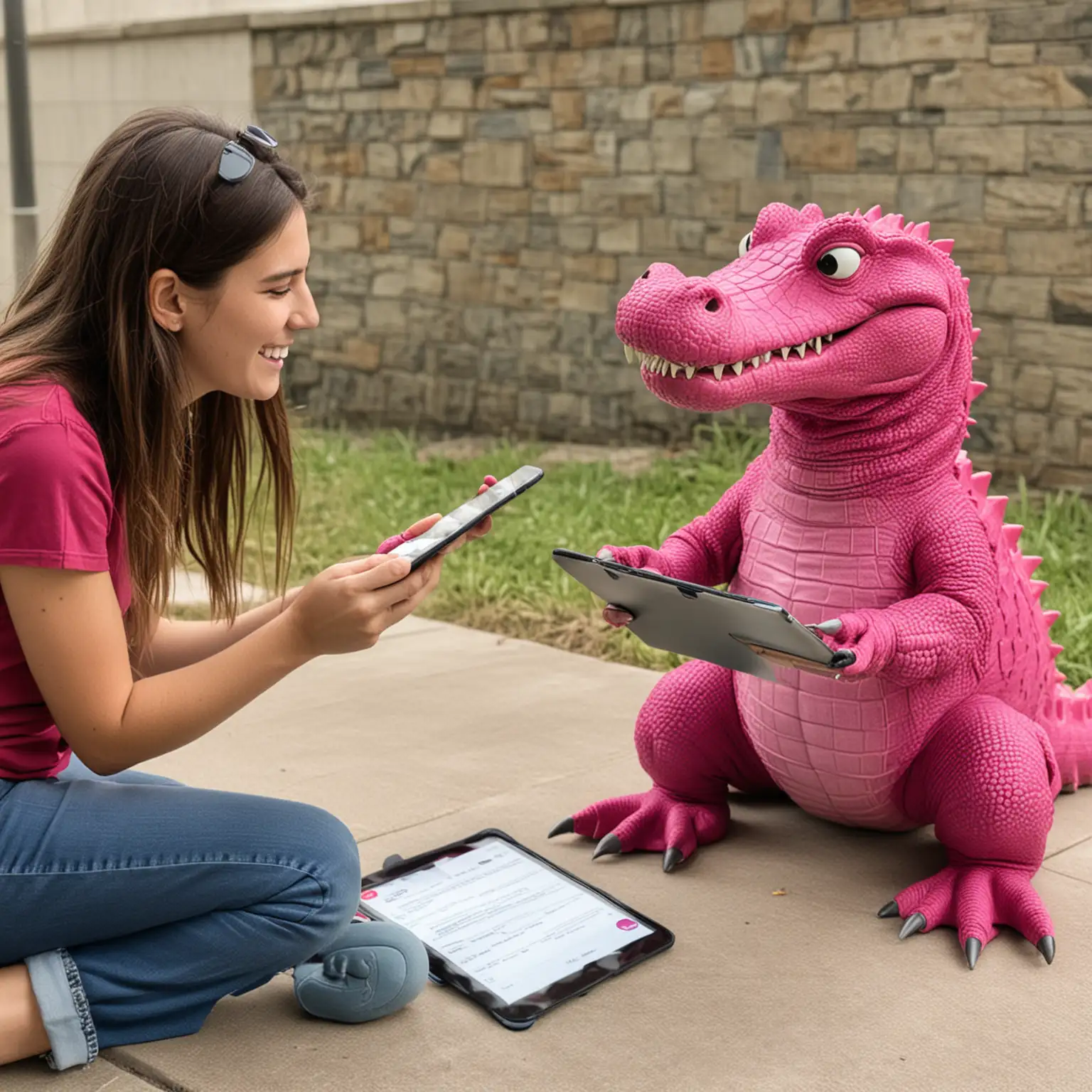 a magenta crocodile conducting a questionnaire with a college student. The crocodile is holding an ipad. The student is answering the questionnaire.