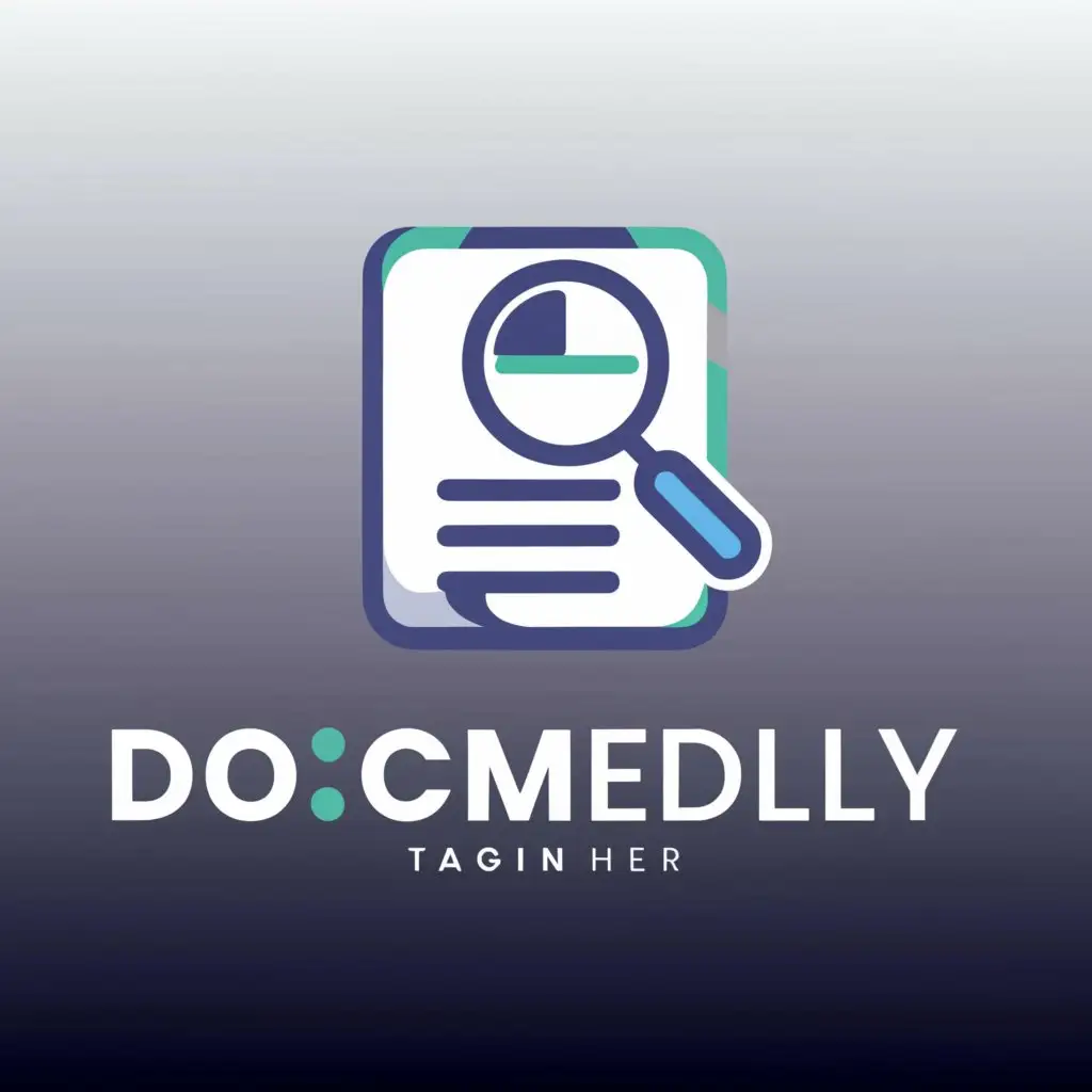 a logo design,with the text "DocMedly", main symbol:stylized medical document with a magnifying glass hovering over it, symbolizing thorough analysis and examination of medical information. The document is depicted in shades of blue and green, evoking a sense of trust, calmness, and vitality. The magnifying glass is designed with sleek lines and vibrant colors, representing precision and insight. Behind the document, there is a subtle silhouette of a stethoscope forming an abstract background element, reinforcing the medical theme.,Moderate,be used in Medical Dental industry,clear background