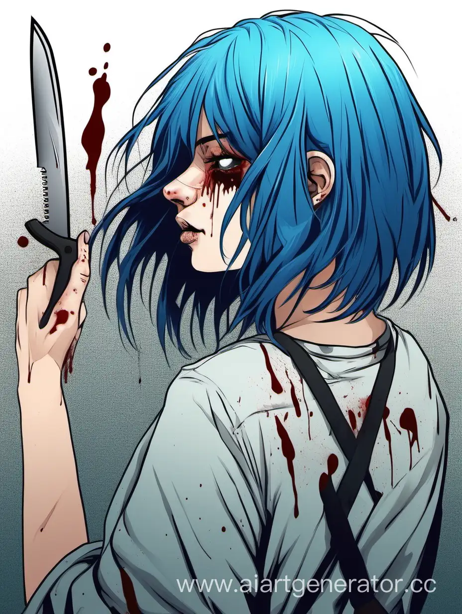 Девушка с синими волосами  снимает с себя скальп кровь нож


