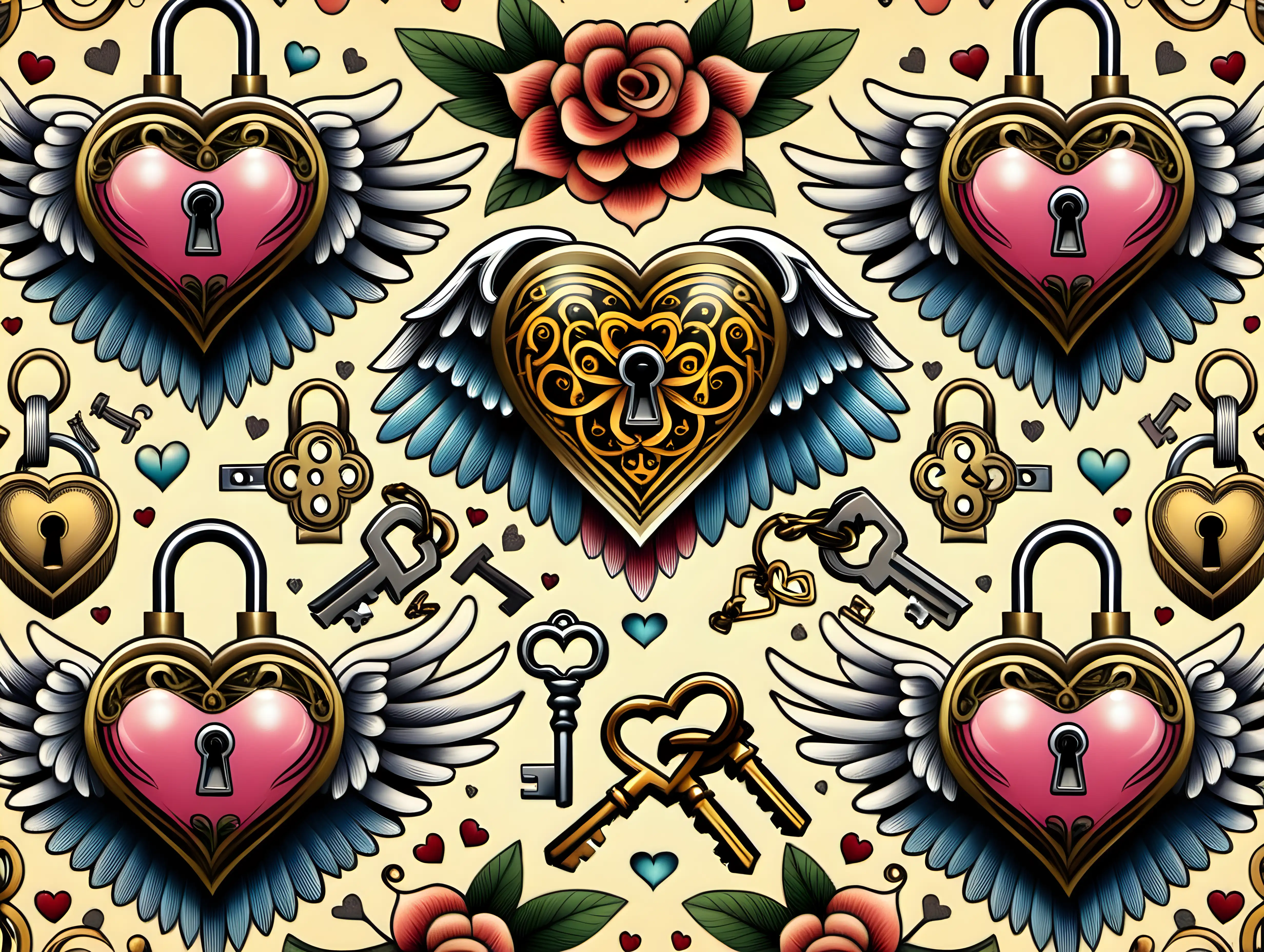 Seamless Oldschool Tattoo Design with Heart Wings Angel Sweet Flower Padlock and Key in Colorful Display