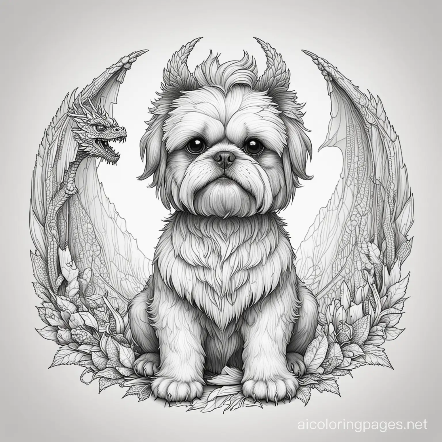 A mythical creature with the head of a Shih Tzu and the body of a dragon, Coloring Page, black and white, line art, white background, Simplicity, Ample White Space. The background of the coloring page is plain white to make it easy for young children to color within the lines. The outlines of all the subjects are easy to distinguish, making it simple for kids to color without too much difficulty