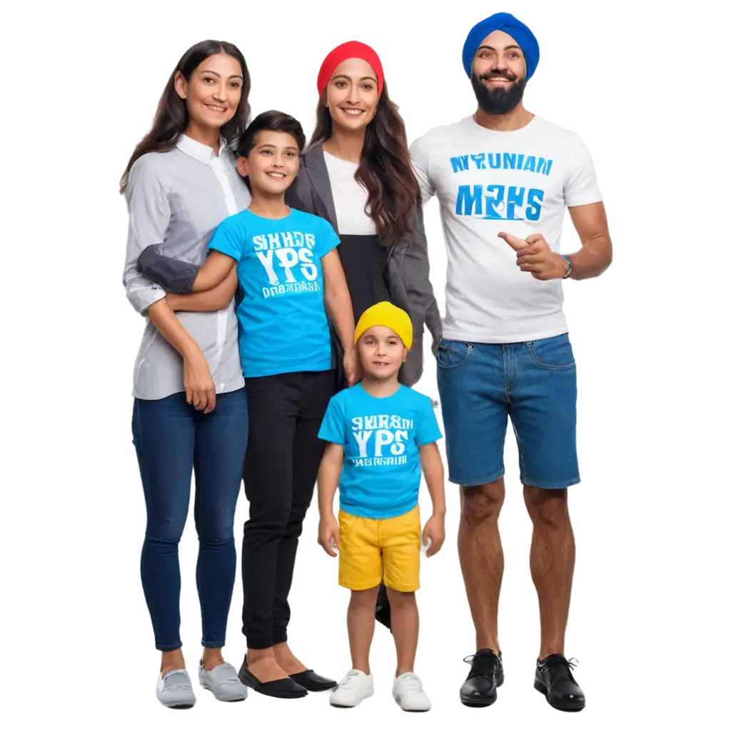  3D sikh family with kids and shirts that say "MYPS" and a mountain
