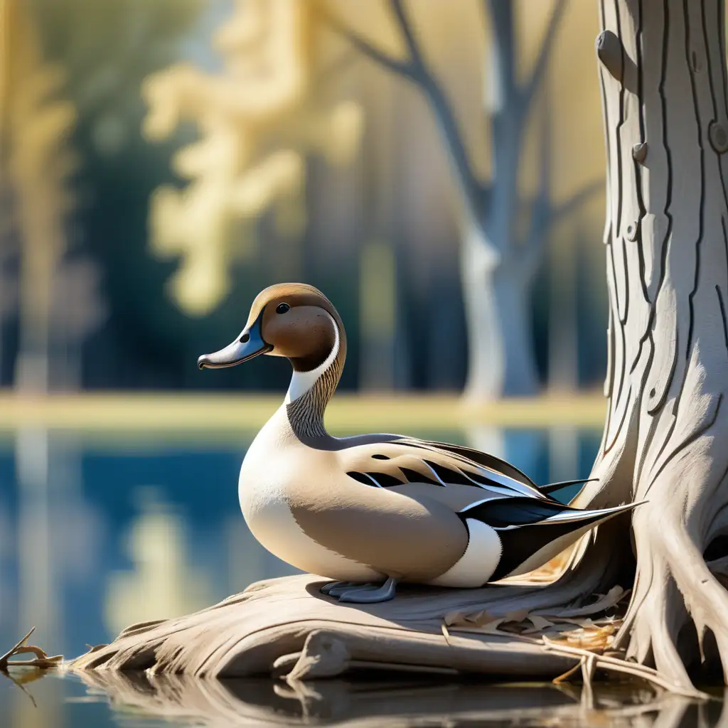 Tranquil Northern Pintail Duck by Blue Pond and Wooded Horizon