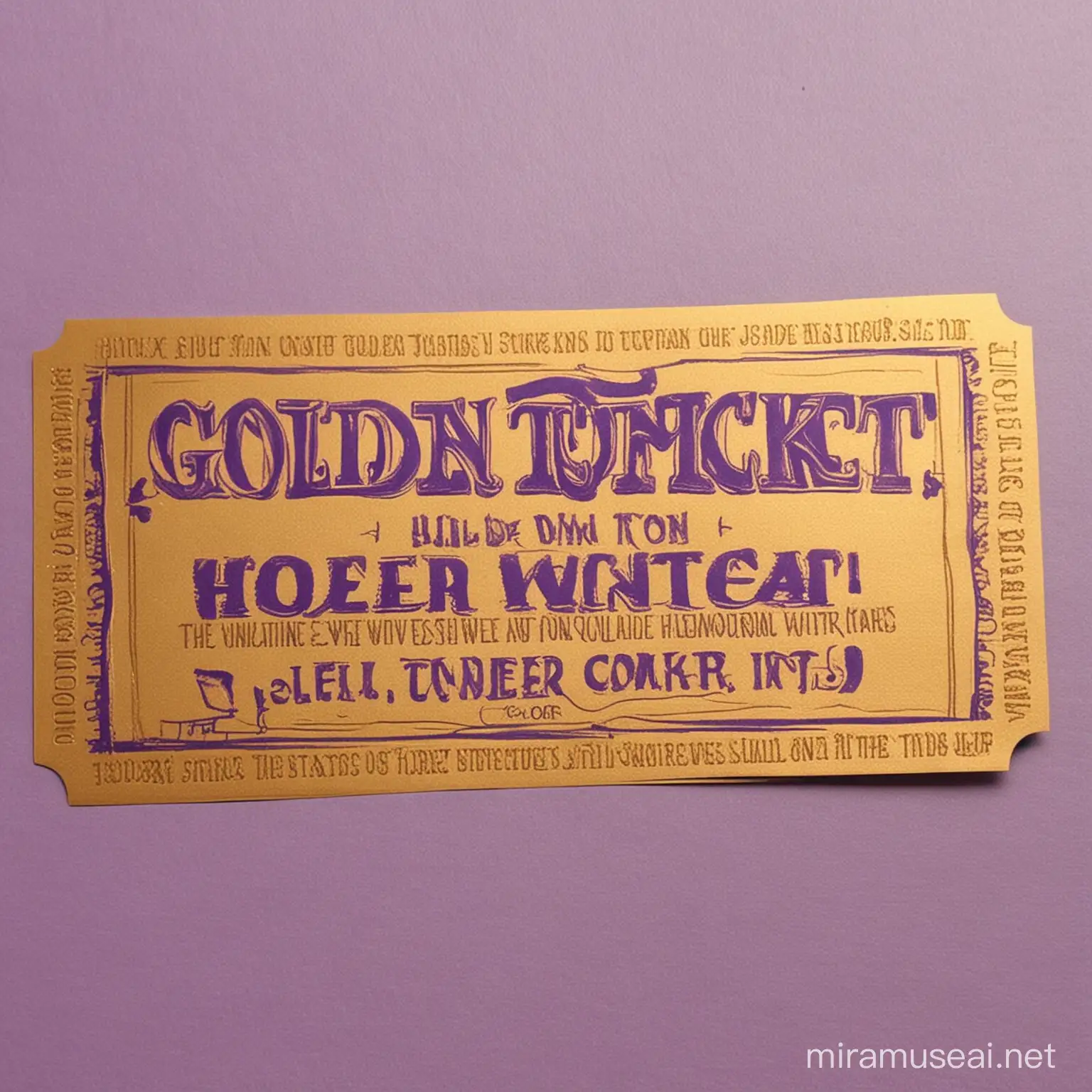 در یک جای پراز طلاgolden ticket یک بلیت بساز در دست و رنگ تیکت بنفش وهط های طلای  و وسط اون با رنگ طلای بنویس