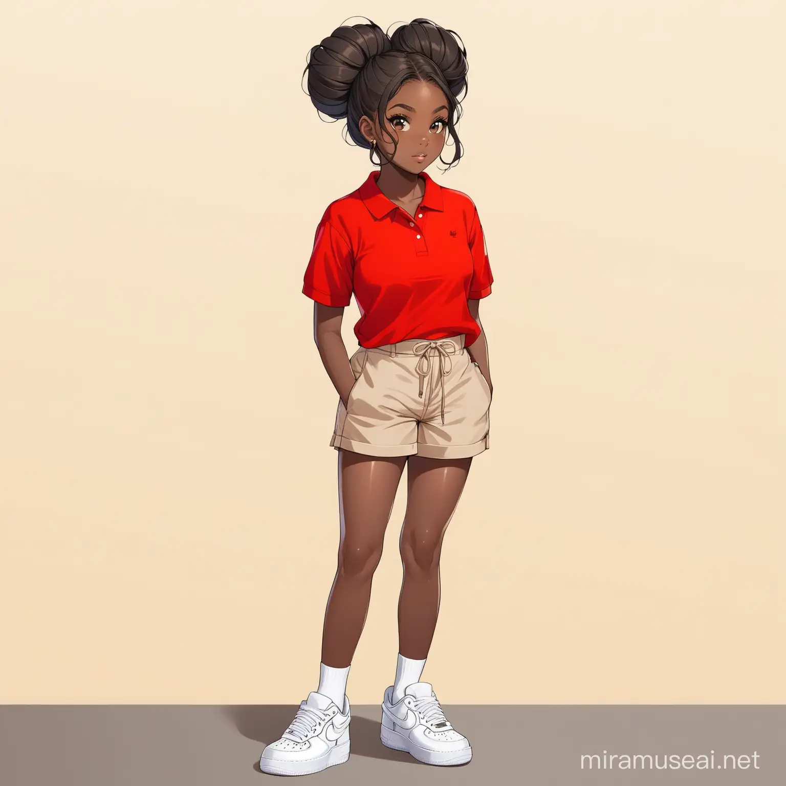 Black Girl in Red Polo School TShirt with Khaki Shorts and Air Forces