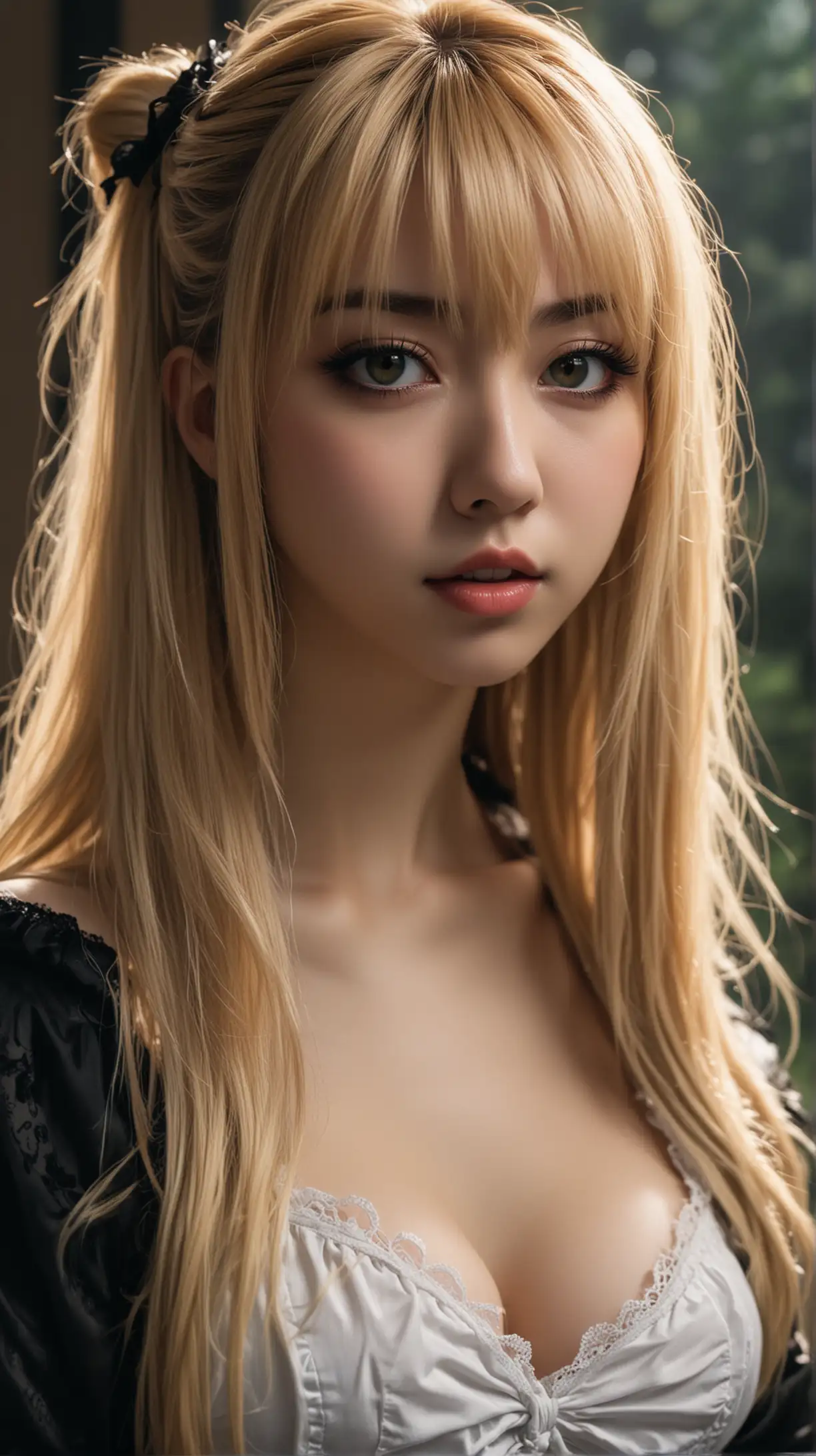 In the middle of the picture is Misa Amane, with big breasts, who is depicted in her typical gothic sexy kawaii outfit, full body photo. Her long blonde hair falls in loose waves down her back, framing her delicate features and intense gaze. The background is bathed in soft, muted shades, and the shadows dancing in the dimly lit scene further enhance the mysterious and seductive atmosphere. Despite the darkness surrounding her, Misa exudes confidence and charm, embodying the complex and mysterious nature of her character. Misa Amane from Death Note, Misa Misa, Misa Amane, Death Note, blonde hair, anime, green aesthetic, epic illustration, wallpaper, 4k, anime-like, perfect face / Misa is surrounded by a mystical and fascinating atmosphere that captivates the viewer and guides them into his world. The play of soft lights and shadows highlights Misa's every movement and expression while adding a mystical charm to the scene. The muted shades in the background put Misa in the center of the image and emphasize the strong features and uniqueness of her character. Natural lighting, Soft diffused lighting. Photo taken by Naoki Urasawa with Sony A7 III and a 50mm lens. Award Winning Photography style, Anime Portrait Photography, 4k, Ultra-HD, Super-Resolution. --v 5 --q 2
