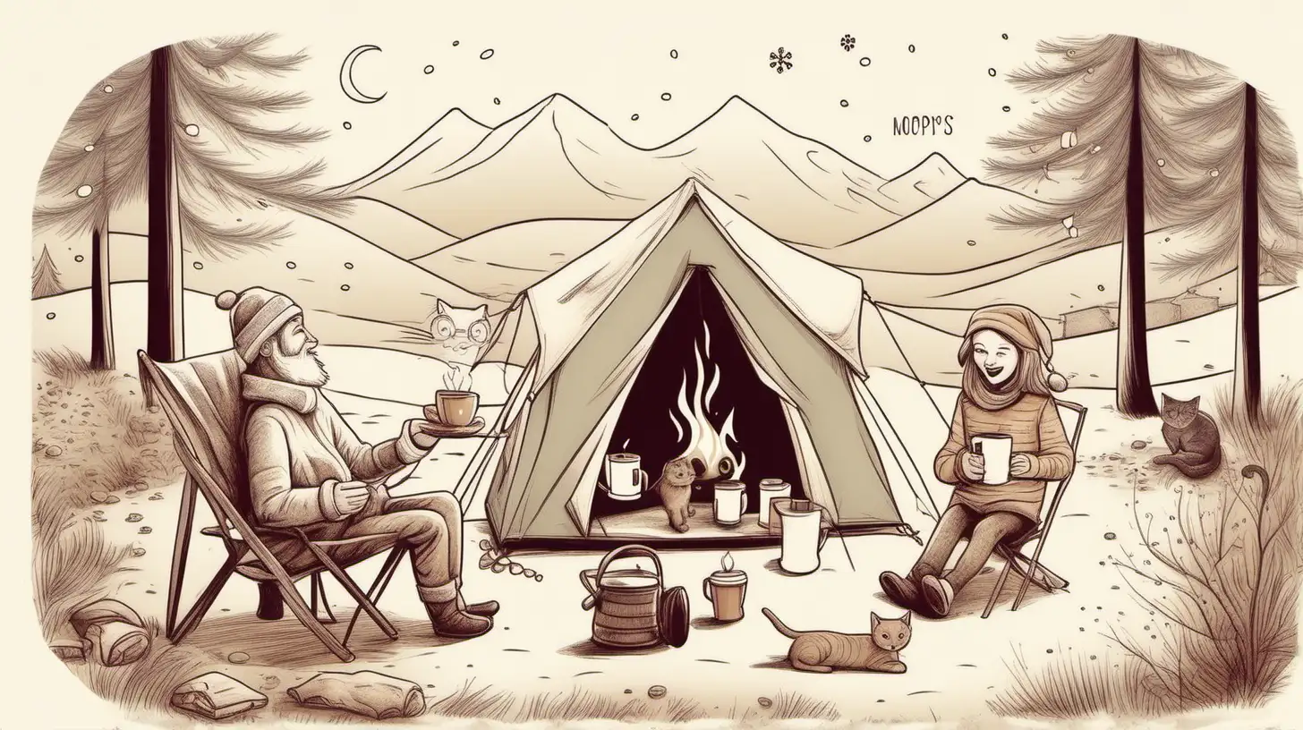 funny coffee christmas card like a drawing include camping mood with family of three and cat