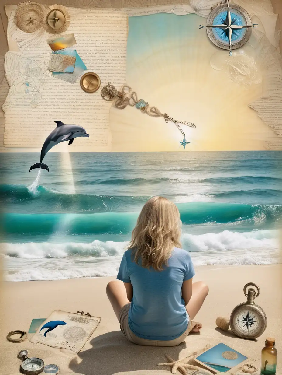 Serene Coastal Wisdom Mixed Media Collage of a 40YearOld Woman by the Ocean