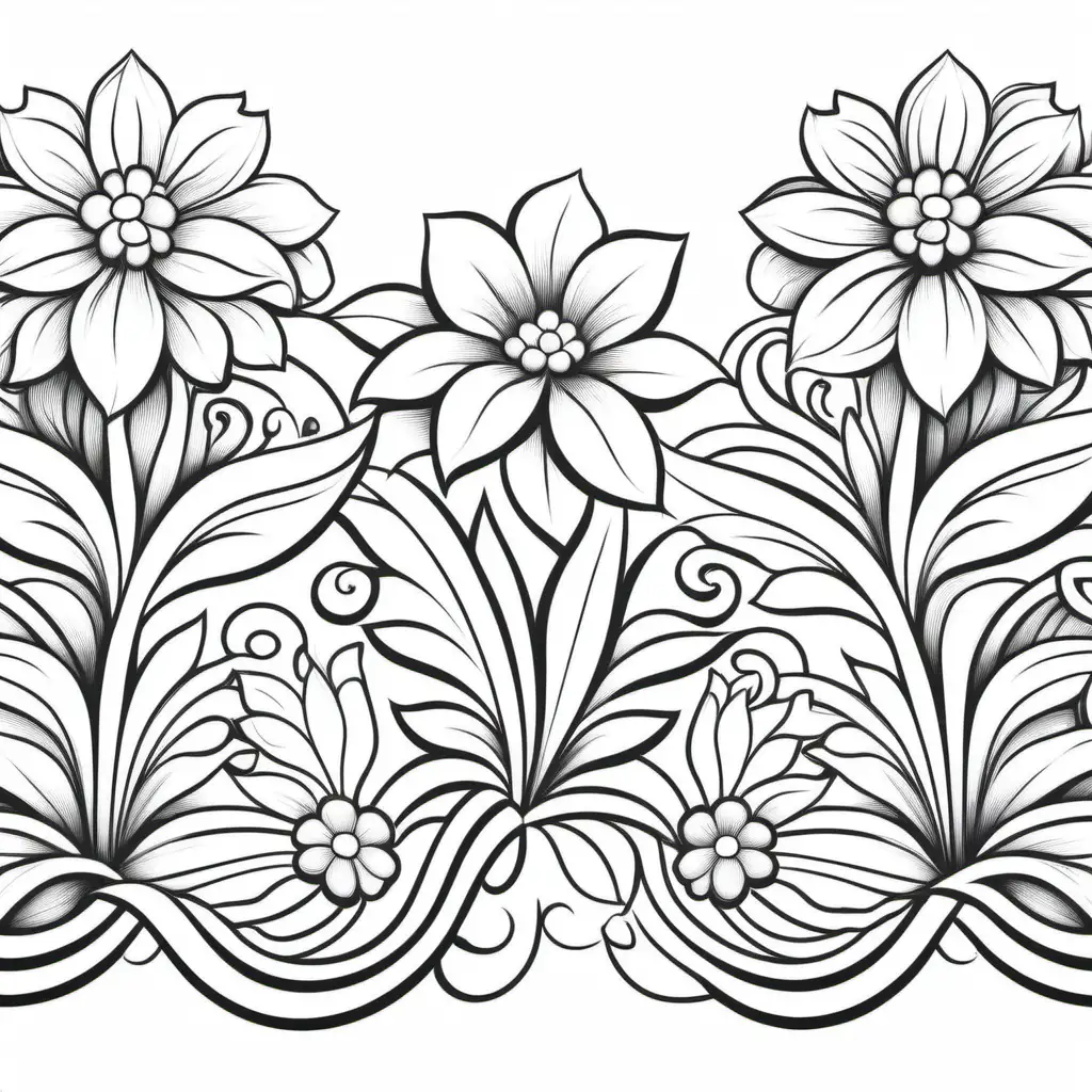 floral edging for coloring book, black and white, thick black lines