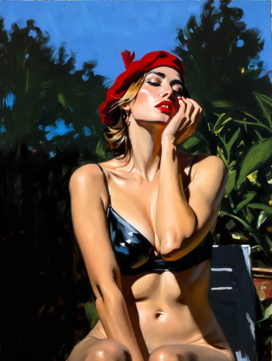 (naked:1.3) woman , bra , medium teardrop breasts , sitting in garden , looking to side , her hand is on her face , cooper hair , red beret , (night scene:1.3) , painting style  expressionism , jagged lines, painting by (Fabian Perez:1.3)