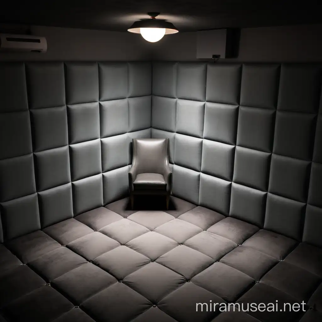 A seclusion room, Padded walls, No windows, Dark and Scary mood, Chair in the corner, Padded floor, One singular light bulb in the ceiling, circular format of the picture