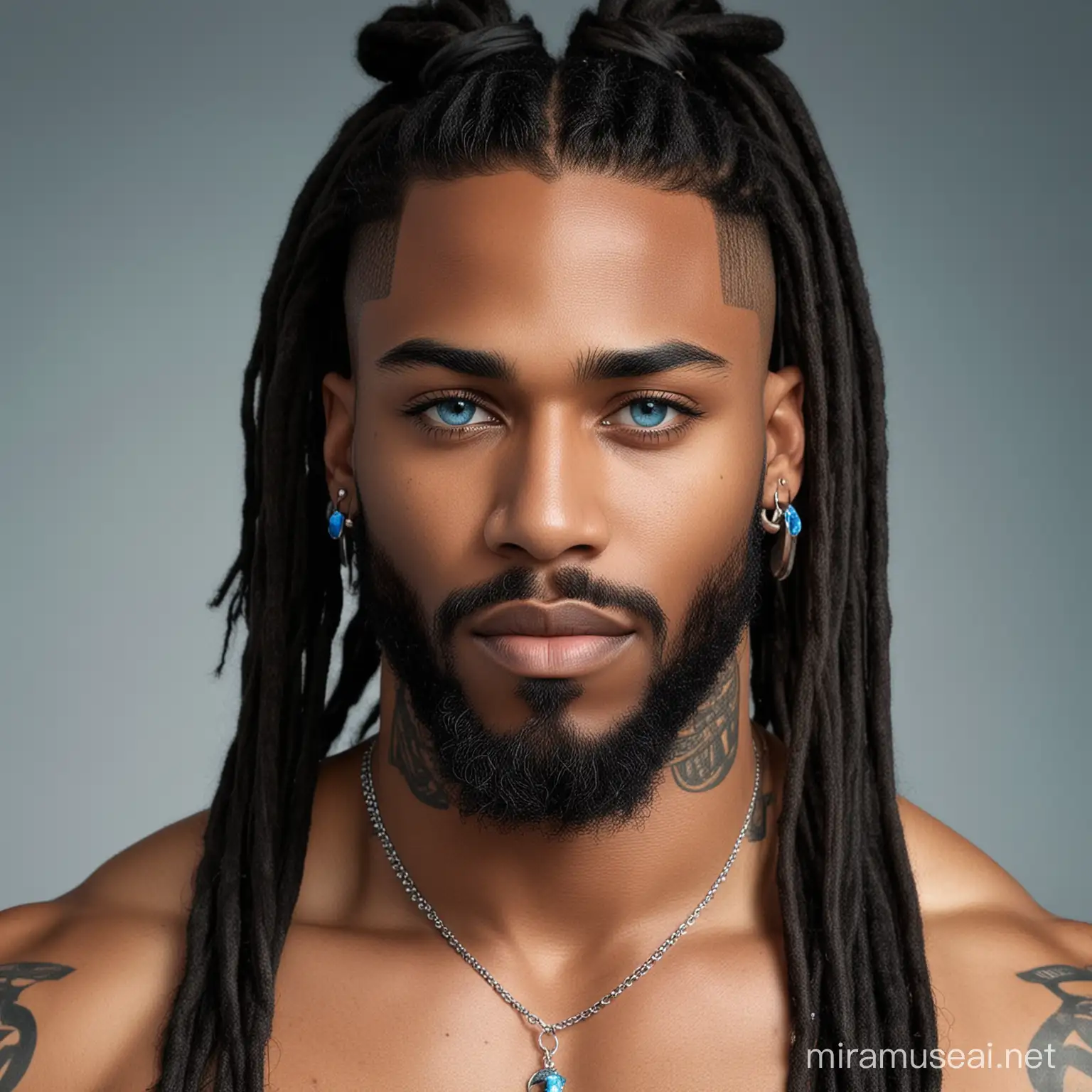 create image of Black man, long dreadlocks in a ponytail, cerulean blue eyes, almond shaped eyes, muscular, 6'2, 225 lbs, athletic build, 
stud nose piercing, full trimmed beard, tattoos on chest and arms, sapphires studs earrings

