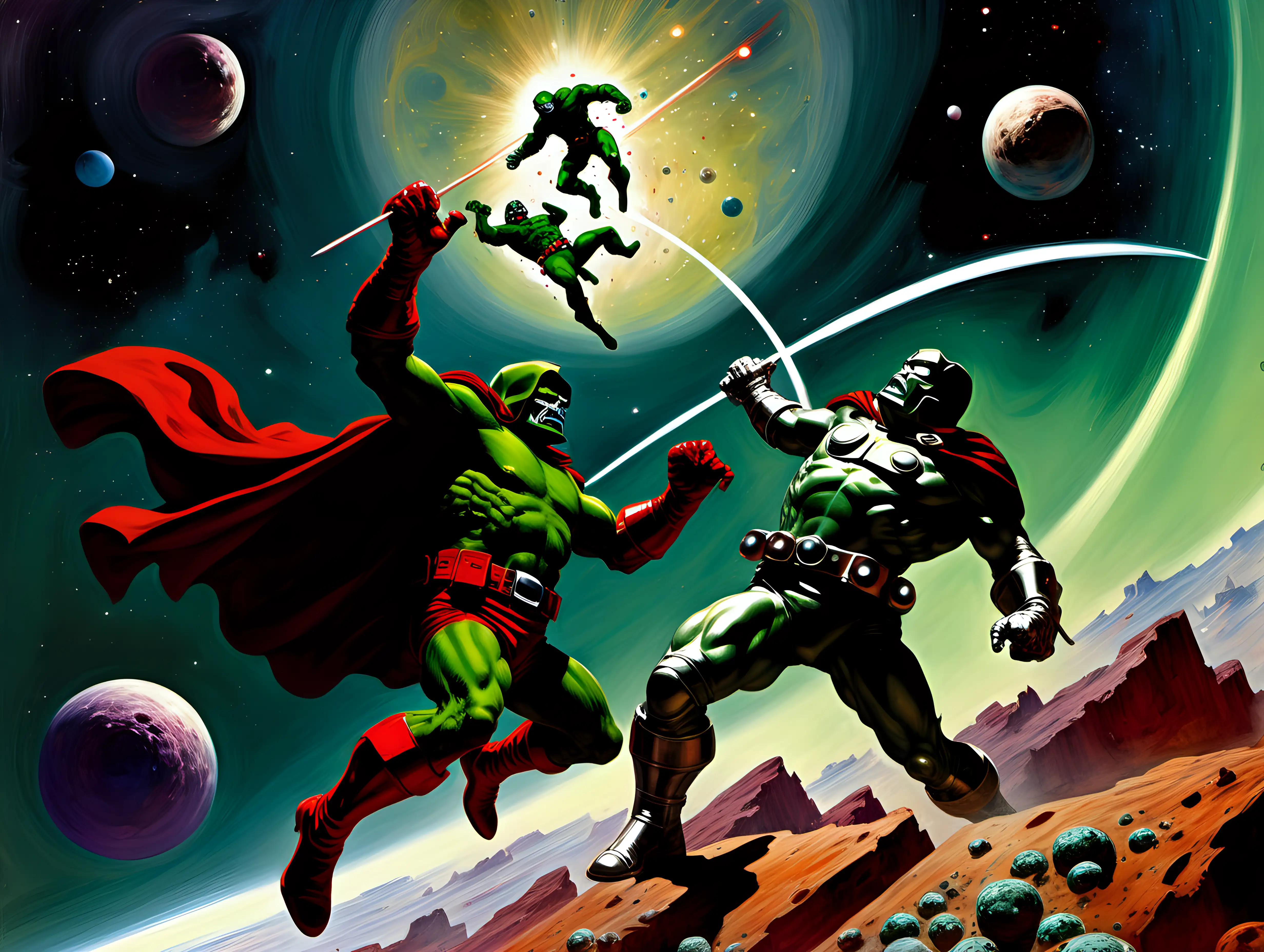Daredevil fighting Doctor Doom  in space Frank Frazetta style