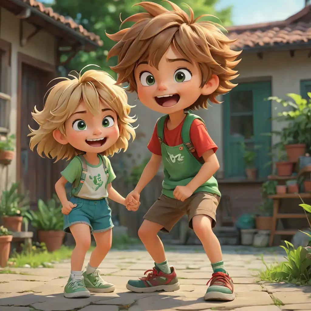  little cute boy character and smillin woman character celebrate, home background, multiple poses and expressions, cute 5 year old boy, blue- green shorts, green rubbers with white laces, blond-brown messy hair,  35 -year -old woman , brown messy hair, red dress ,flat color, in the style of chibi, detailed - iar 16:9