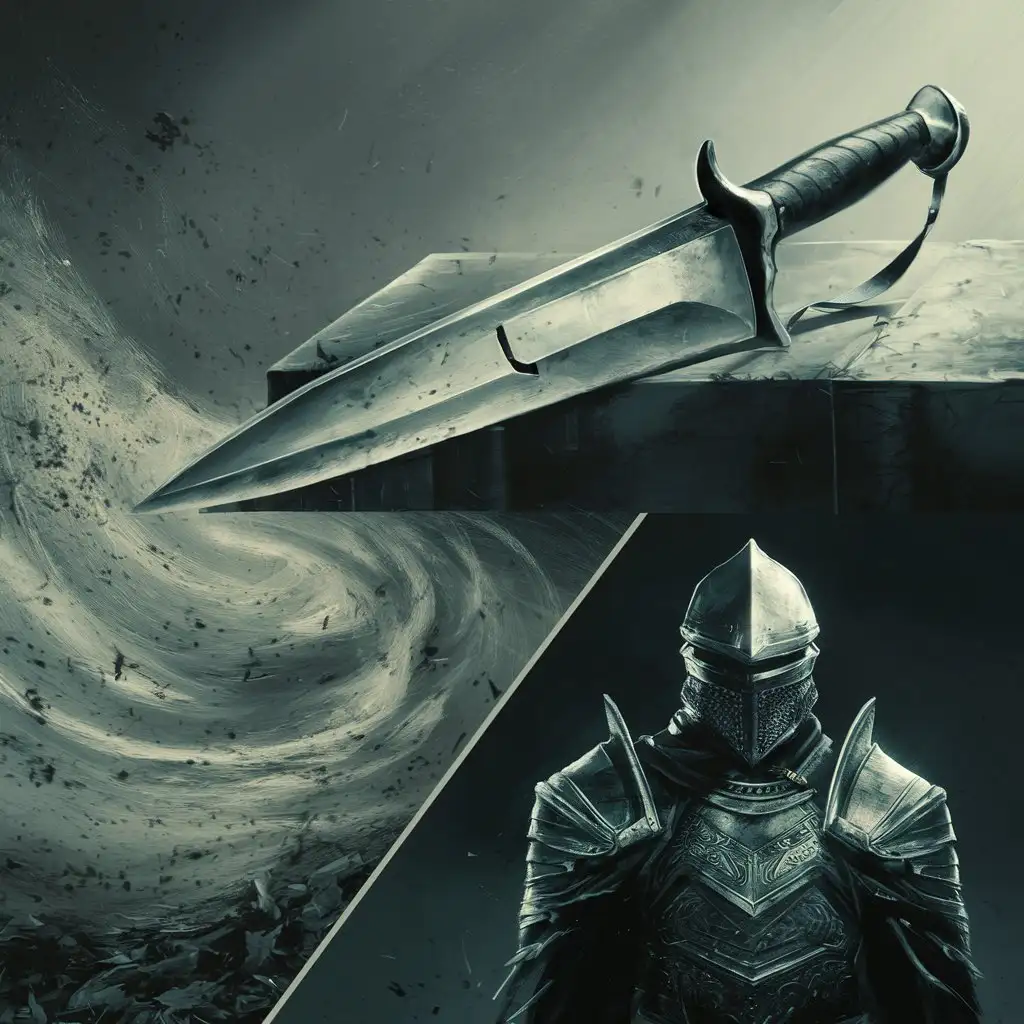 knife on top, wind blows on bottom left, set of armor on bottom right