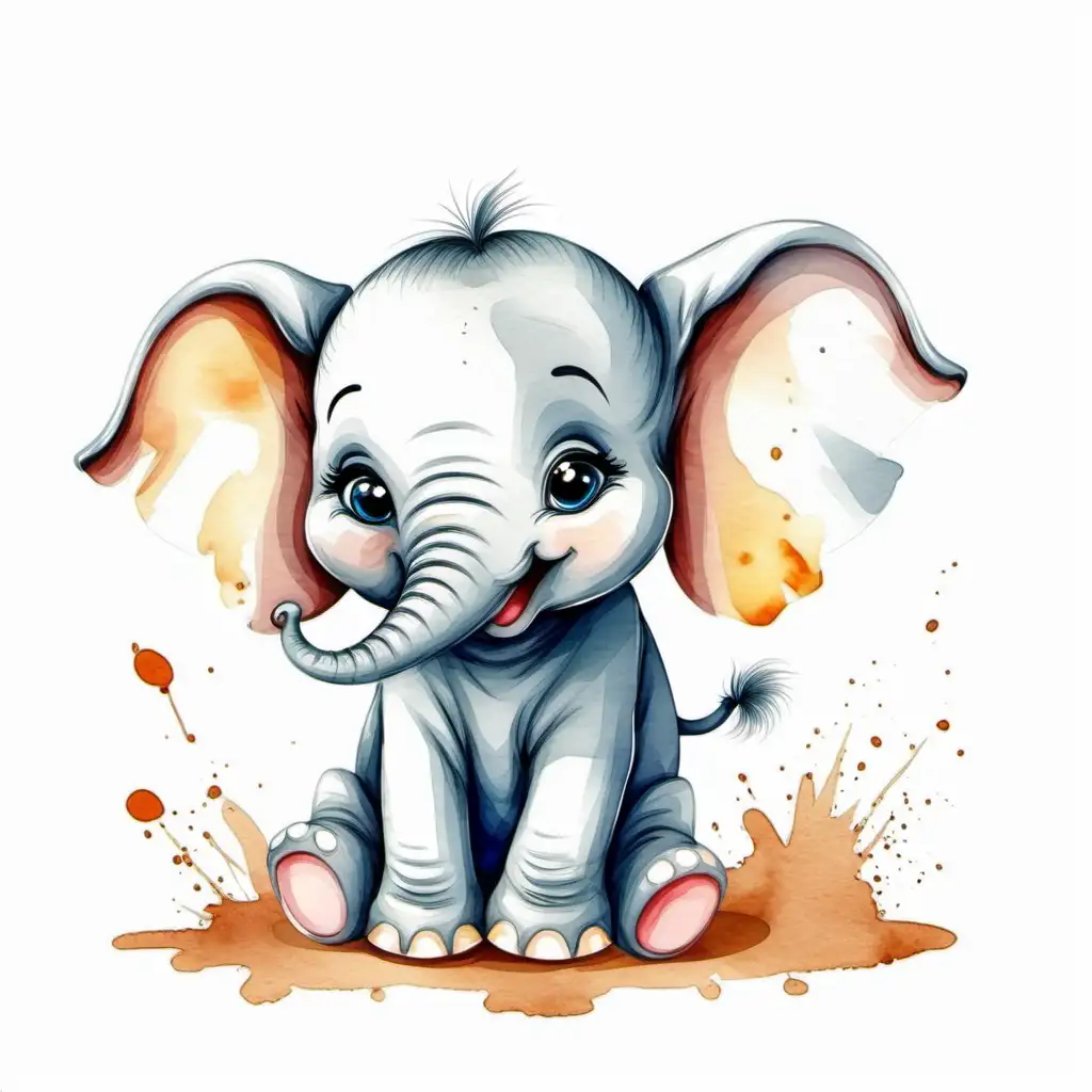 Playful Cartoon Watercolor Baby Elephant