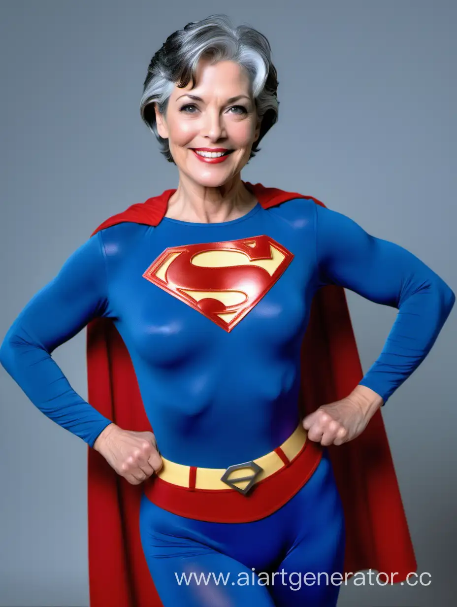 A gorgeous woman with short gray hair. Age 45. She is happy and physically fit. She is wearing the classic Superman costume from "Superman The Movie", with blue spandex leggings, long blue sleeves, red briefs, and a cape. The symbol on her chest has no black lines.