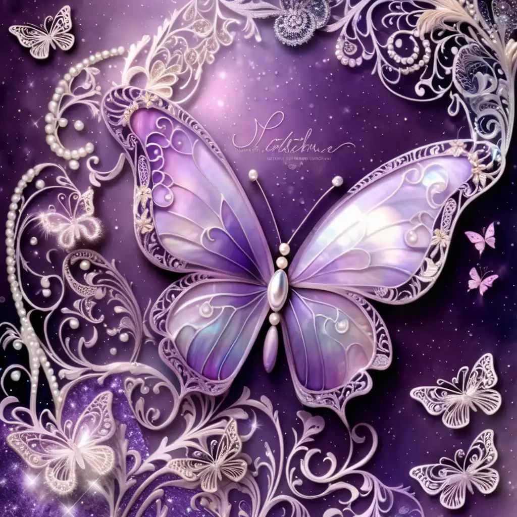 purple mother of pearl, glitter background, filigree, lace, pearls, glittersplash, shimmering, glitter dust, drop shadows, delicate fancy butterfly