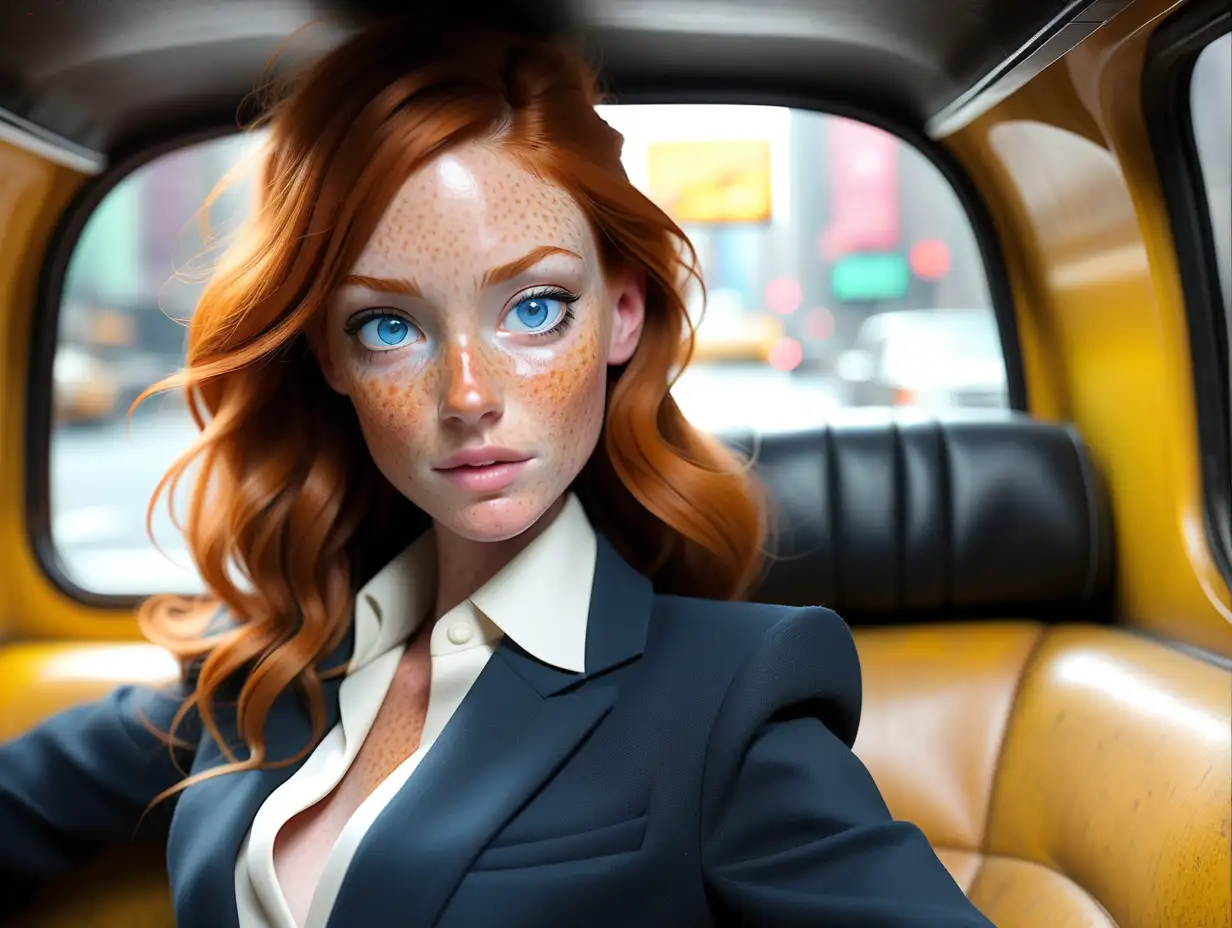 Stylish Businesswoman with Freckles in New York Cab