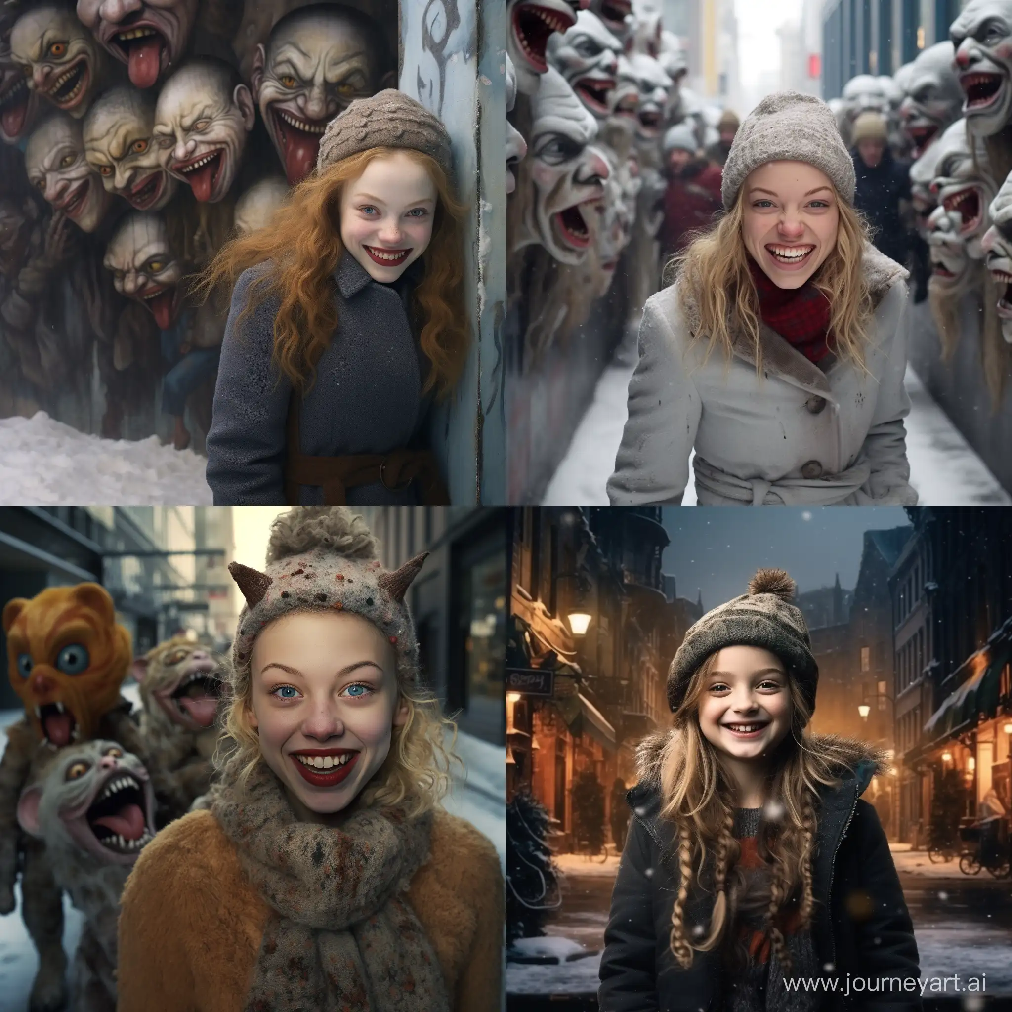 Счастливая улыбающаяся девушка гордо идёт по зимнему городу, а позади неё плетутся страхи и тревоги в виде злобных уродливых карликов, которых девушка перестала бояться, фотография, гиперреализм, высокое разрешение