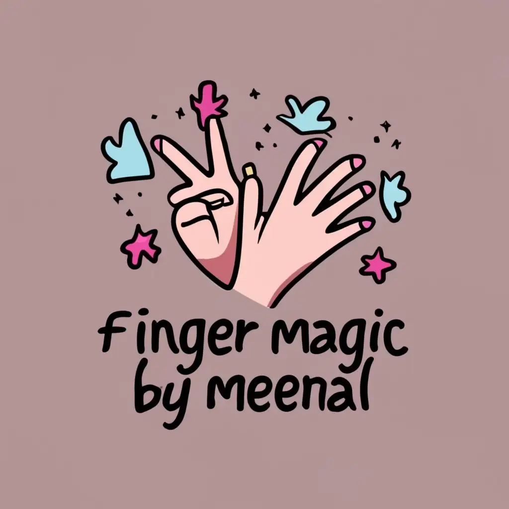 logo, Hands drawing some things text "finger magic by meenal" simple pastel colours, with the text "Finger magic by meenal", typography, be used in Beauty Spa industry use pink purple and blue color , fonts more stylish background colour white