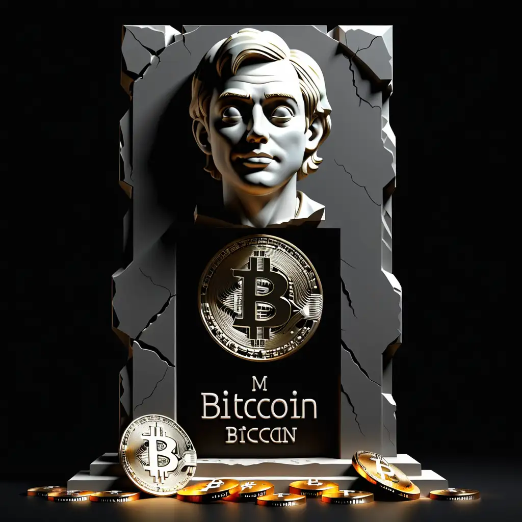 Monument with Bitcoin and RiP Inscription on Black Background