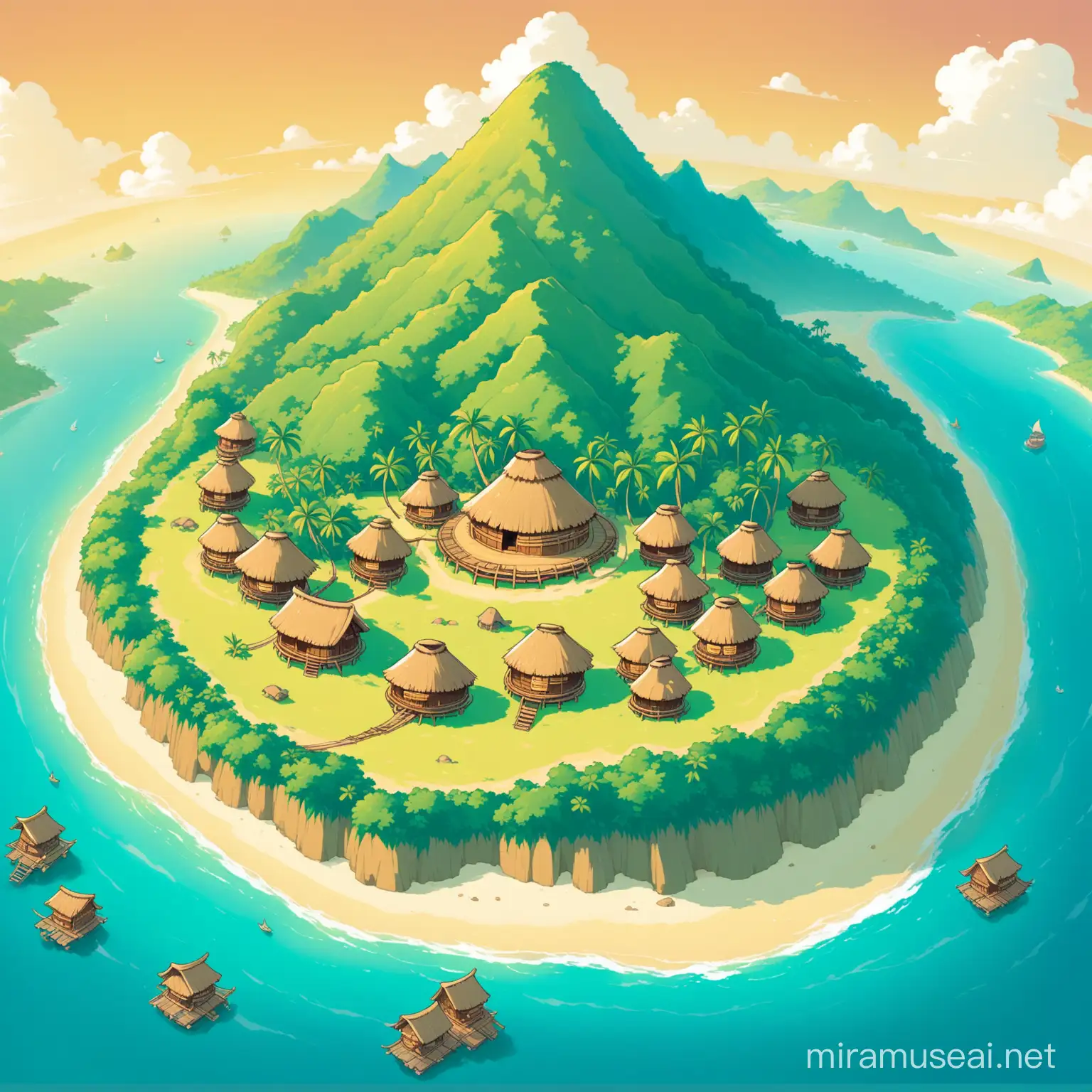 Prise de vue aérienne un peu de côté d'une île, avec une montagne avec des cases mélanésiennes rondes, style dessin en couleur, avec une inspiration wakfu