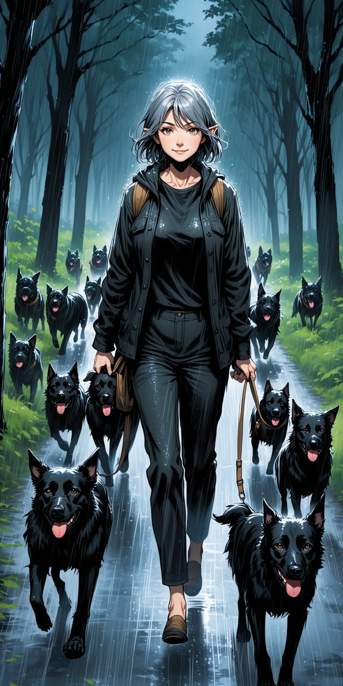 middle-aged grey haired happy woman goblin  dressed in all black long pants walking in rain and dark night woods walking a pack of all black dogs 
