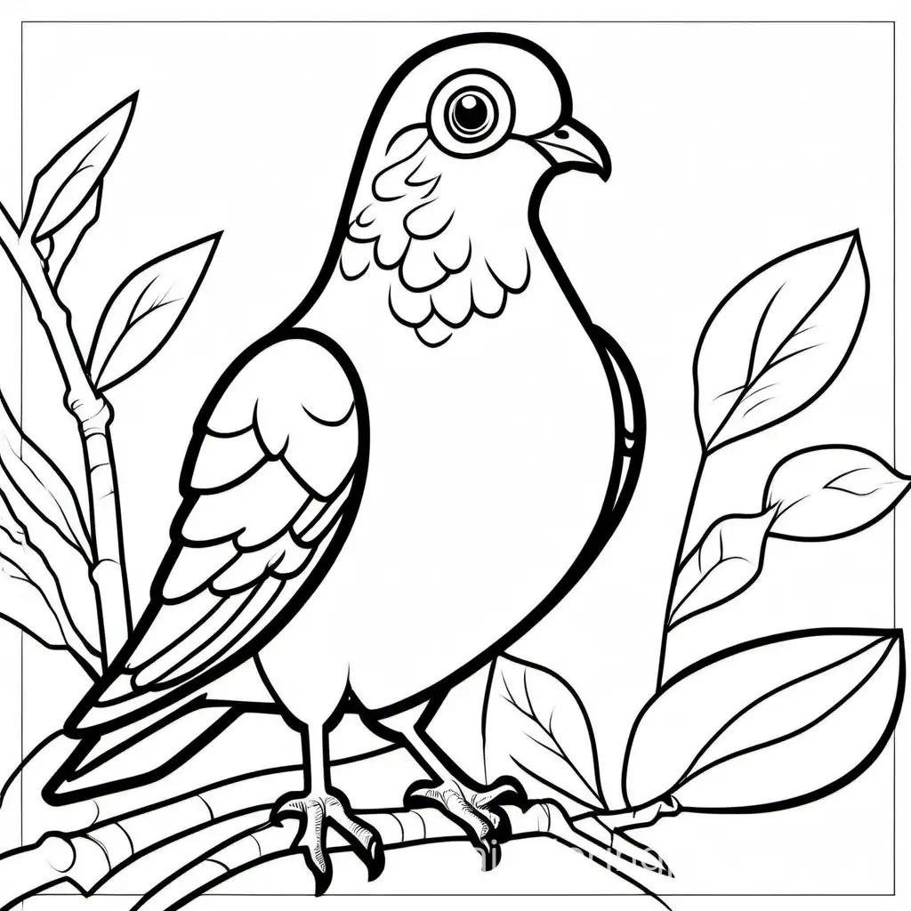 A cute pigeon, Coloring Page, black and white, line art, white background, Simplicity, Ample White Space. The background of the coloring page is plain white to make it easy for young children to color within the lines. The outlines of all the subjects are easy to distinguish, making it simple for kids to color without too much difficulty