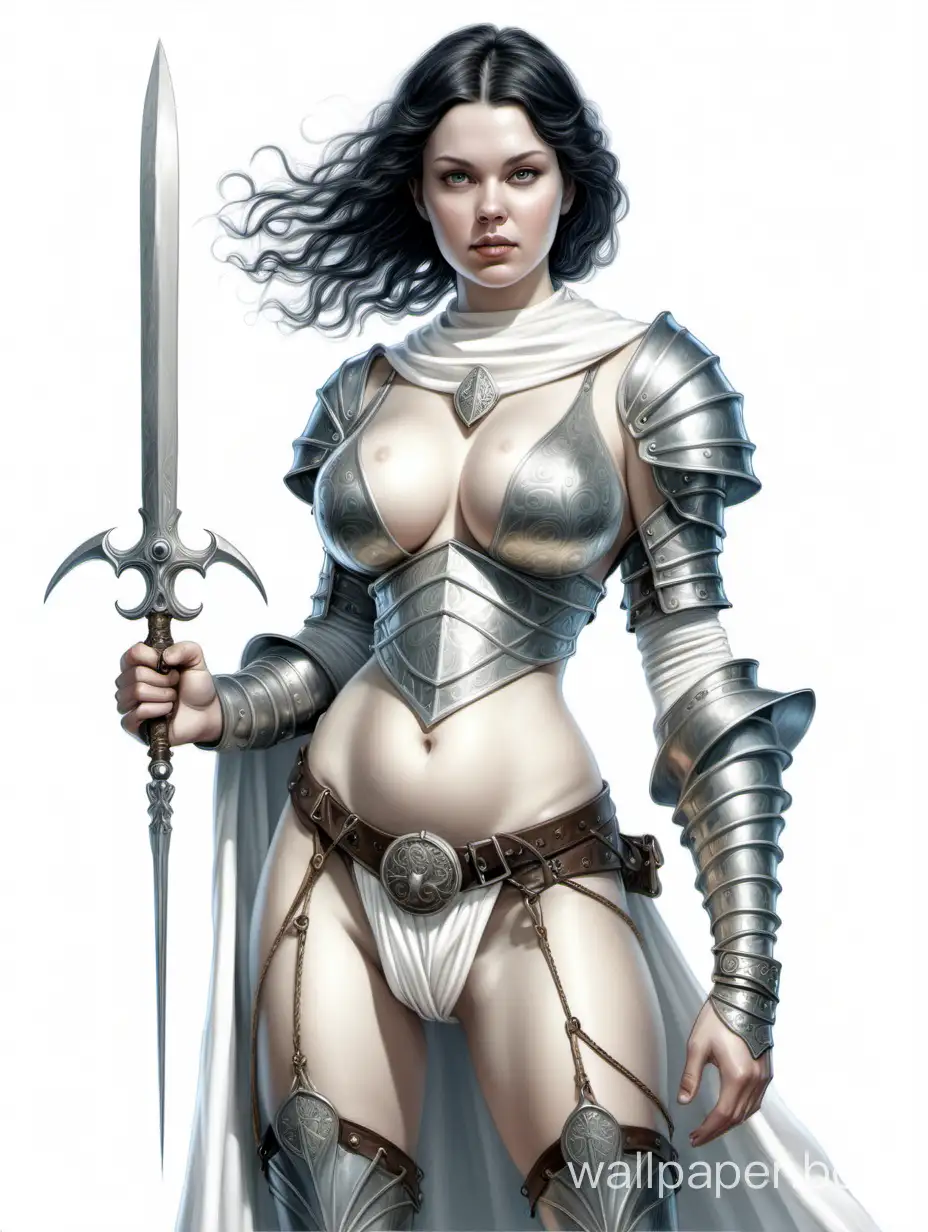 Young Arina Sobolenko, a Scandinavian, goddess of the oceans, short dark hair, large 4-size breasts, narrow waist, wide hips, revealing medieval clothing, metallic protection on the left shoulder, white suede boots. Weapon white background pencil drawing nude-magic.