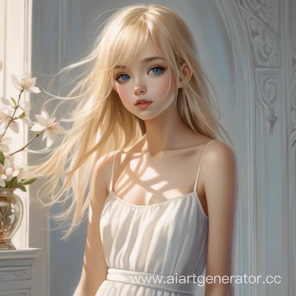 Миниатюрная блондинка стройная в белом платье узкая талия пухлые в меру губы миндалевидные голубые глаза