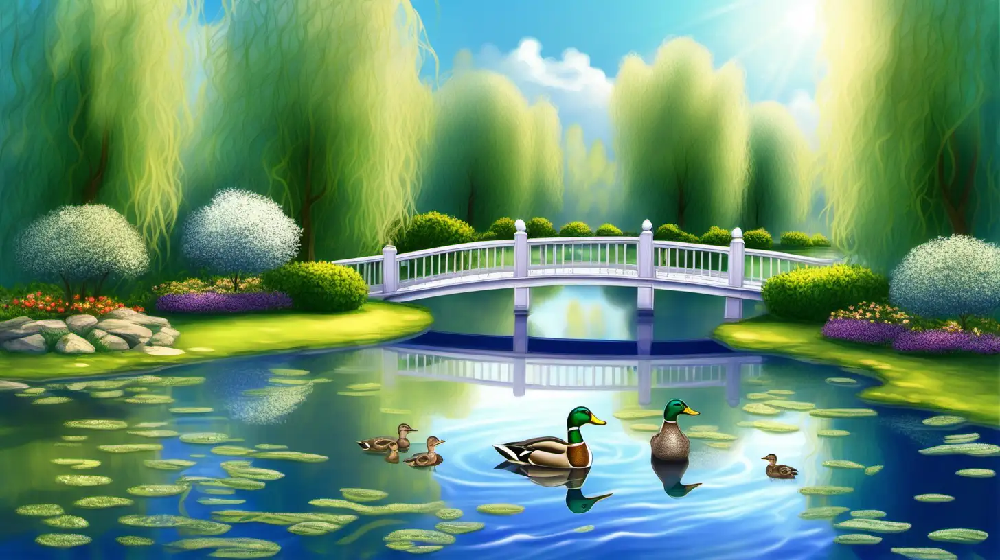 Tranquil Pond Scene with Arched Bridge Willow Trees and Mallard Ducks