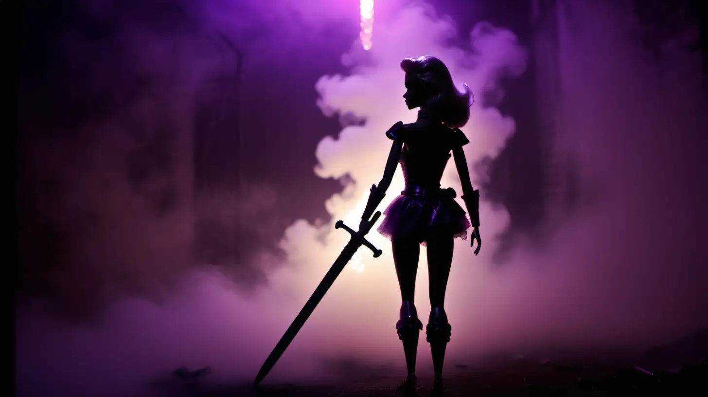 The silhouette of a Barbie with bloodshot eyes seen from behind holding a Fire sword and shield, anthropomorphic, in a dimly lit scene with fog, monochrome purple noir film, 80s crime scene, dark theme --s 200 --style raw --ar 16:9 --v 6.0